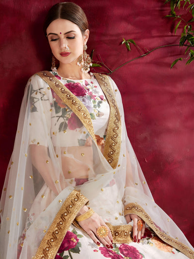 Off-White Floral Print Banglori Silk Bridal Lehenga Choli with Dupatta