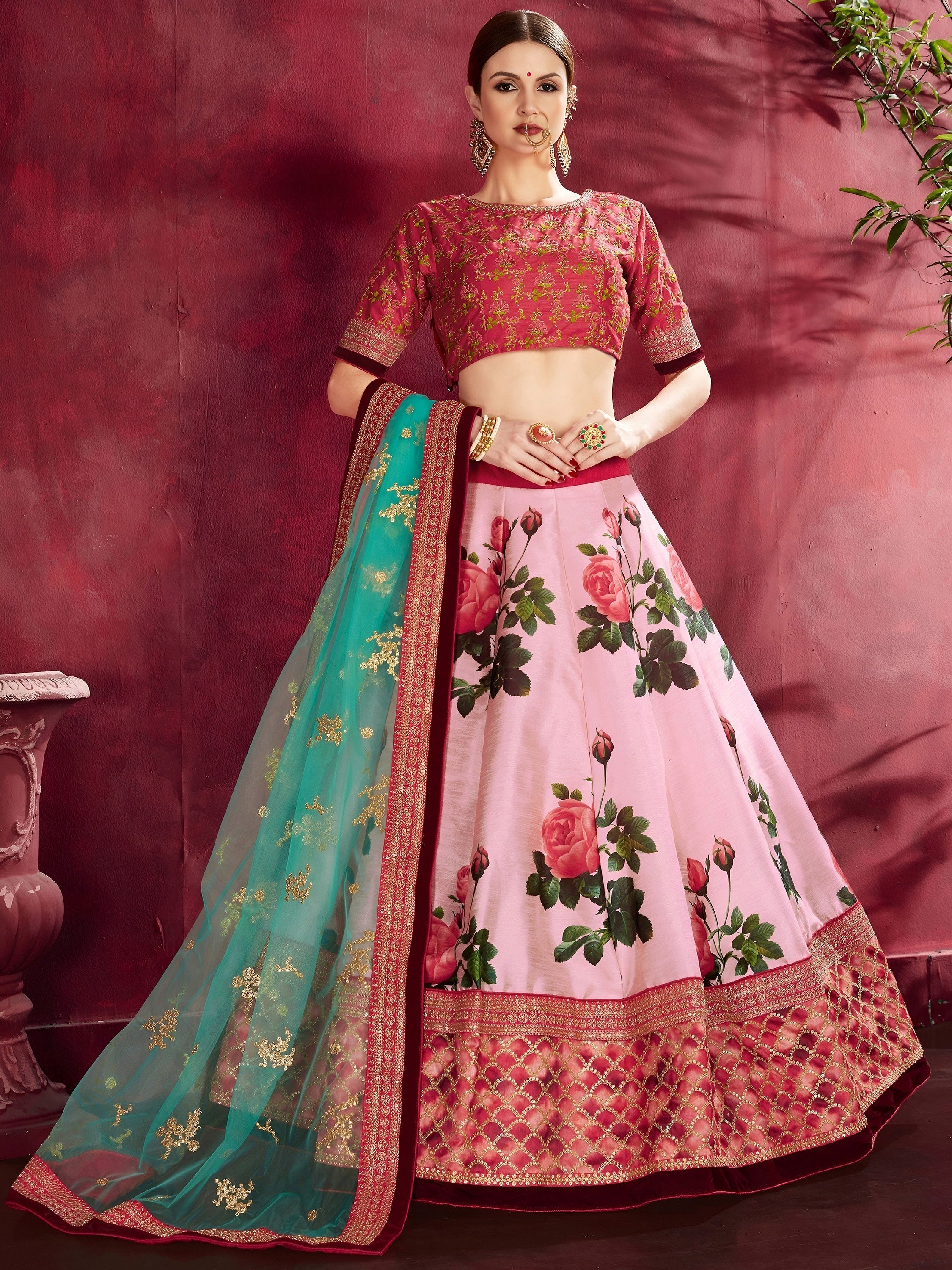 Rose Pink Floral Print Banglori Silk Bridal Lehenga Choli with Pink Choli and Turquoise Dupatta