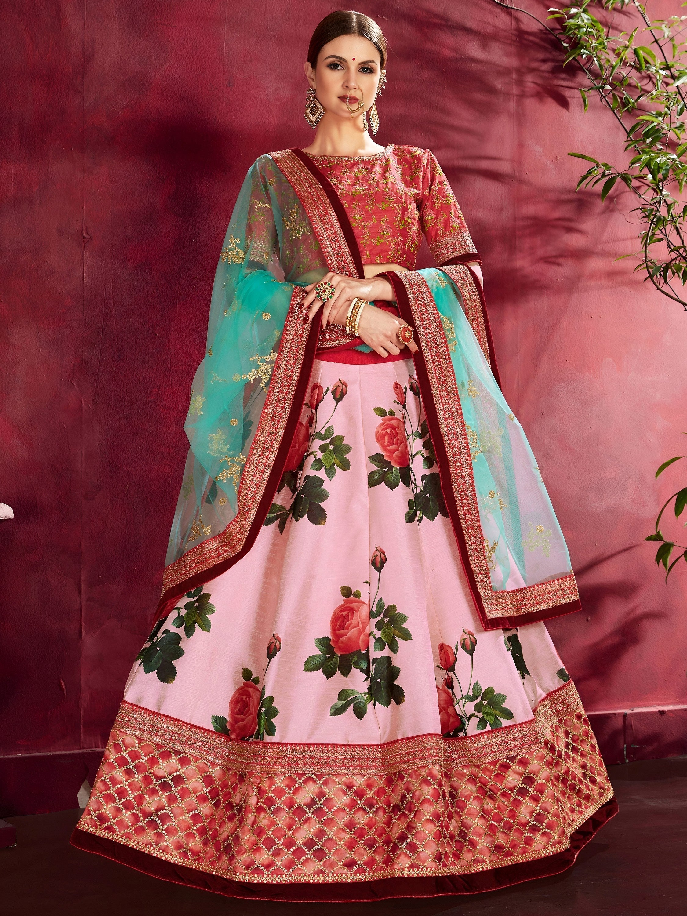 Rose Pink Floral Print Banglori Silk Bridal Lehenga Choli with Pink Choli and Turquoise Dupatta