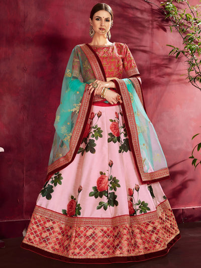 Rose Pink Floral Print Banglori Silk Bridal Lehenga Choli with Pink Choli and Turquoise Dupatta
