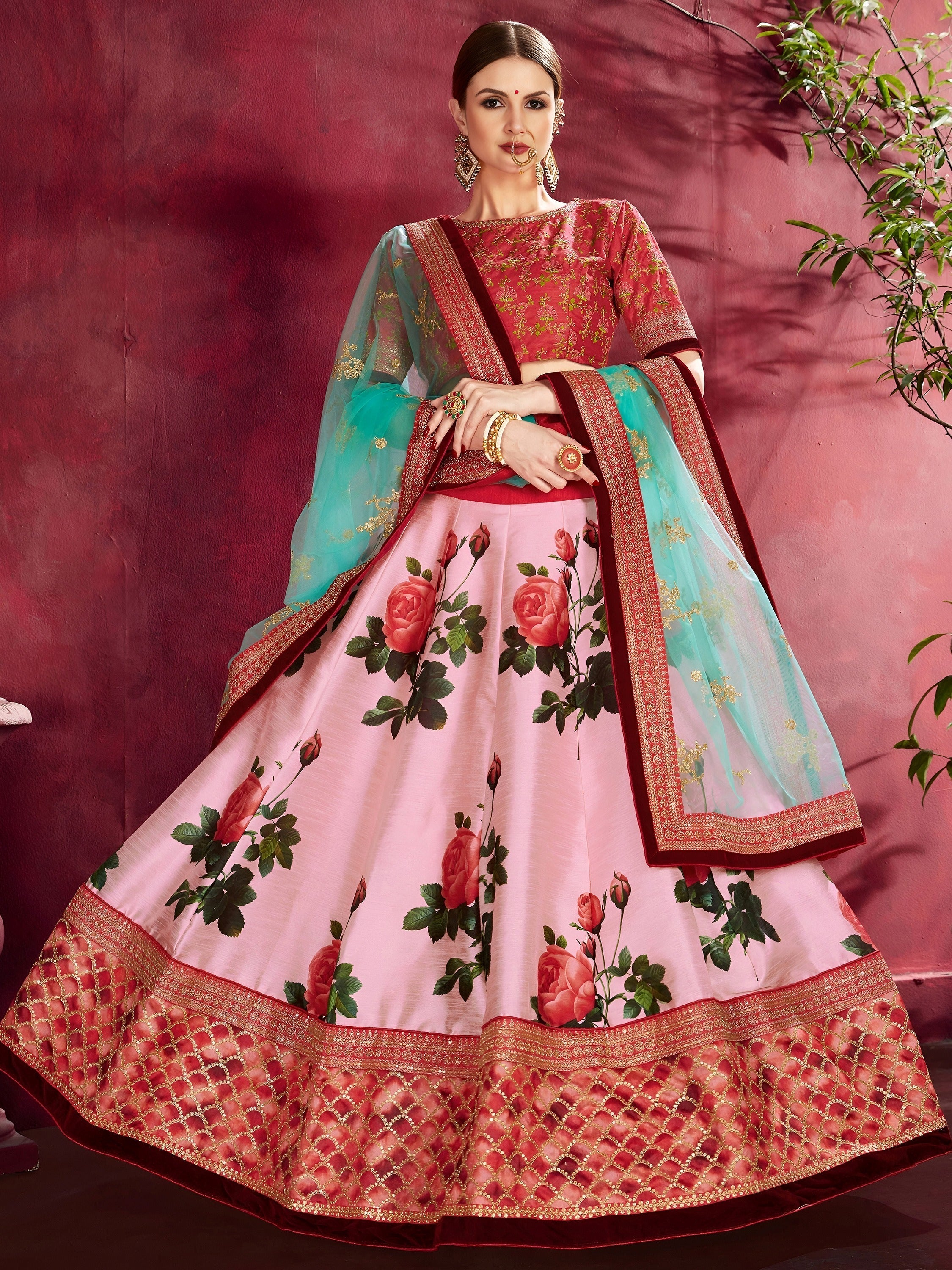Rose Pink Floral Print Banglori Silk Bridal Lehenga Choli with Pink Choli and Turquoise Dupatta
