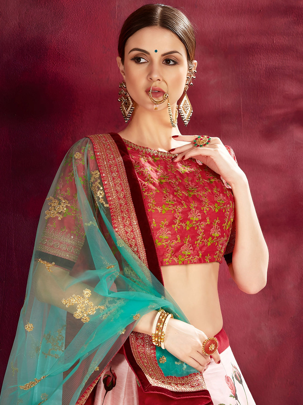 Rose Pink Floral Print Banglori Silk Bridal Lehenga Choli with Pink Choli and Turquoise Dupatta