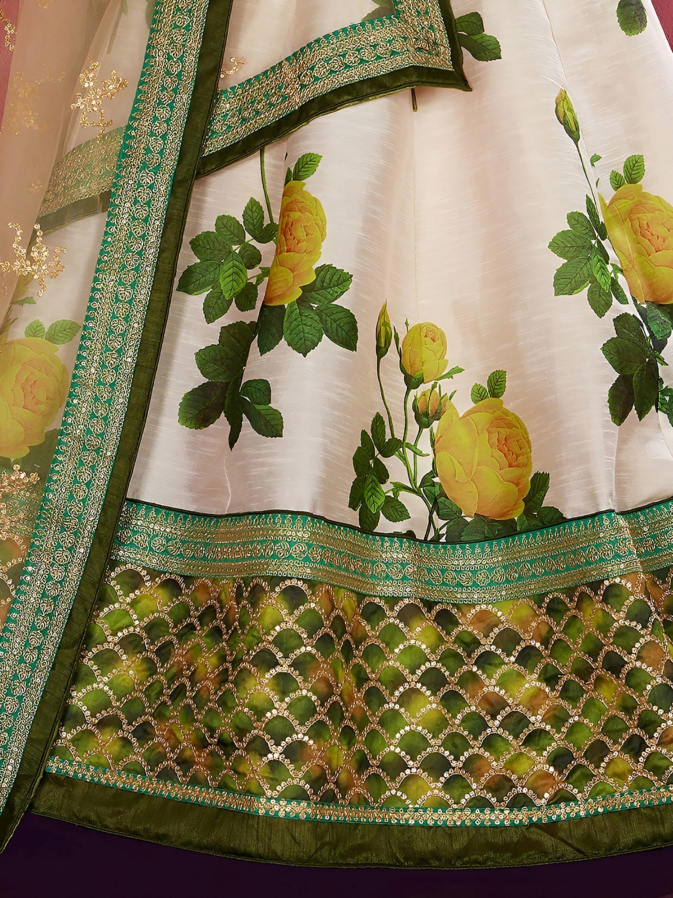 Cream-Green Floral Print Banglori Silk Bridal Lehenga Choli with Beige Dupatta