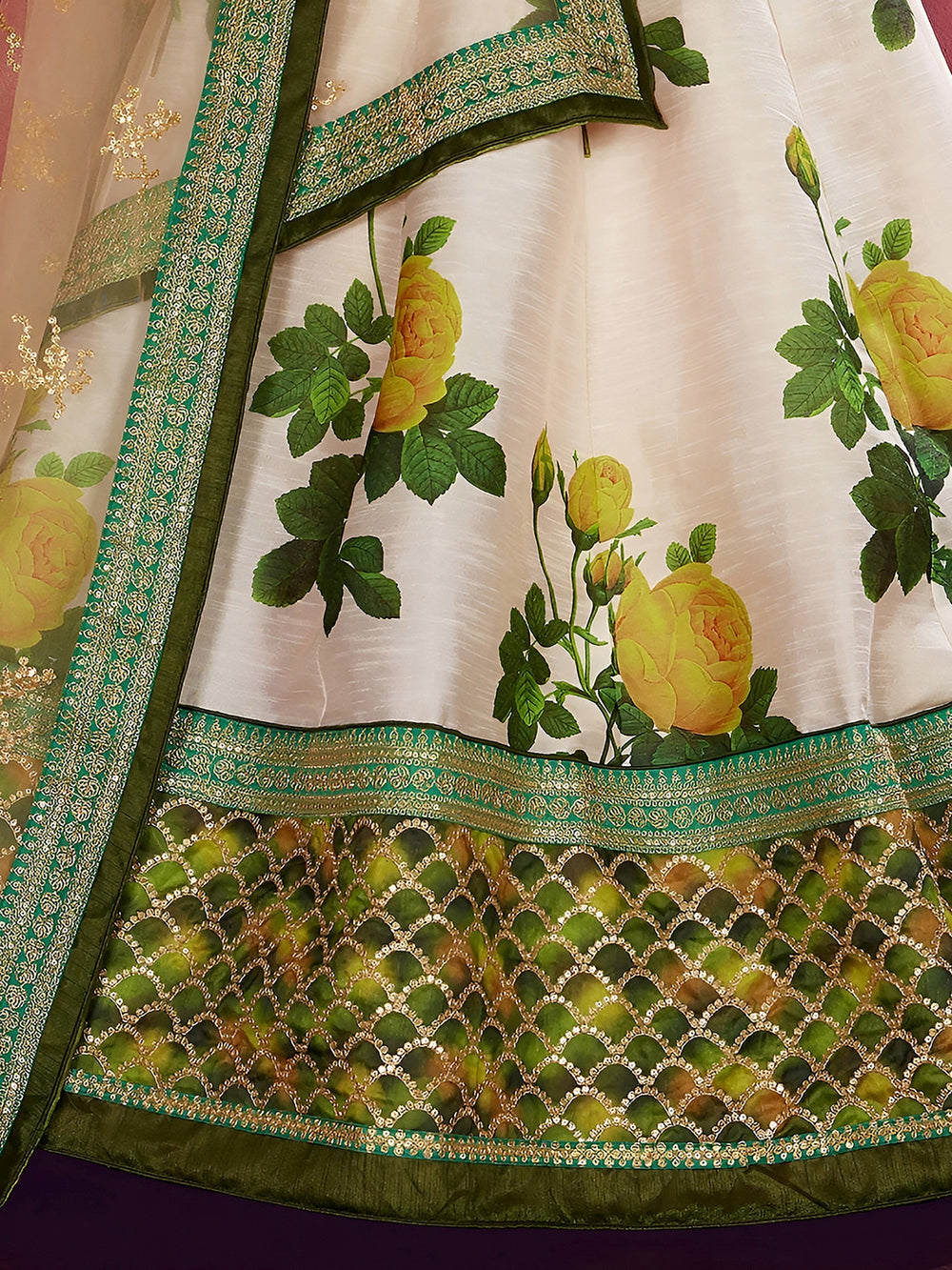 Cream-Green Floral Print Banglori Silk Bridal Lehenga Choli with Beige Dupatta