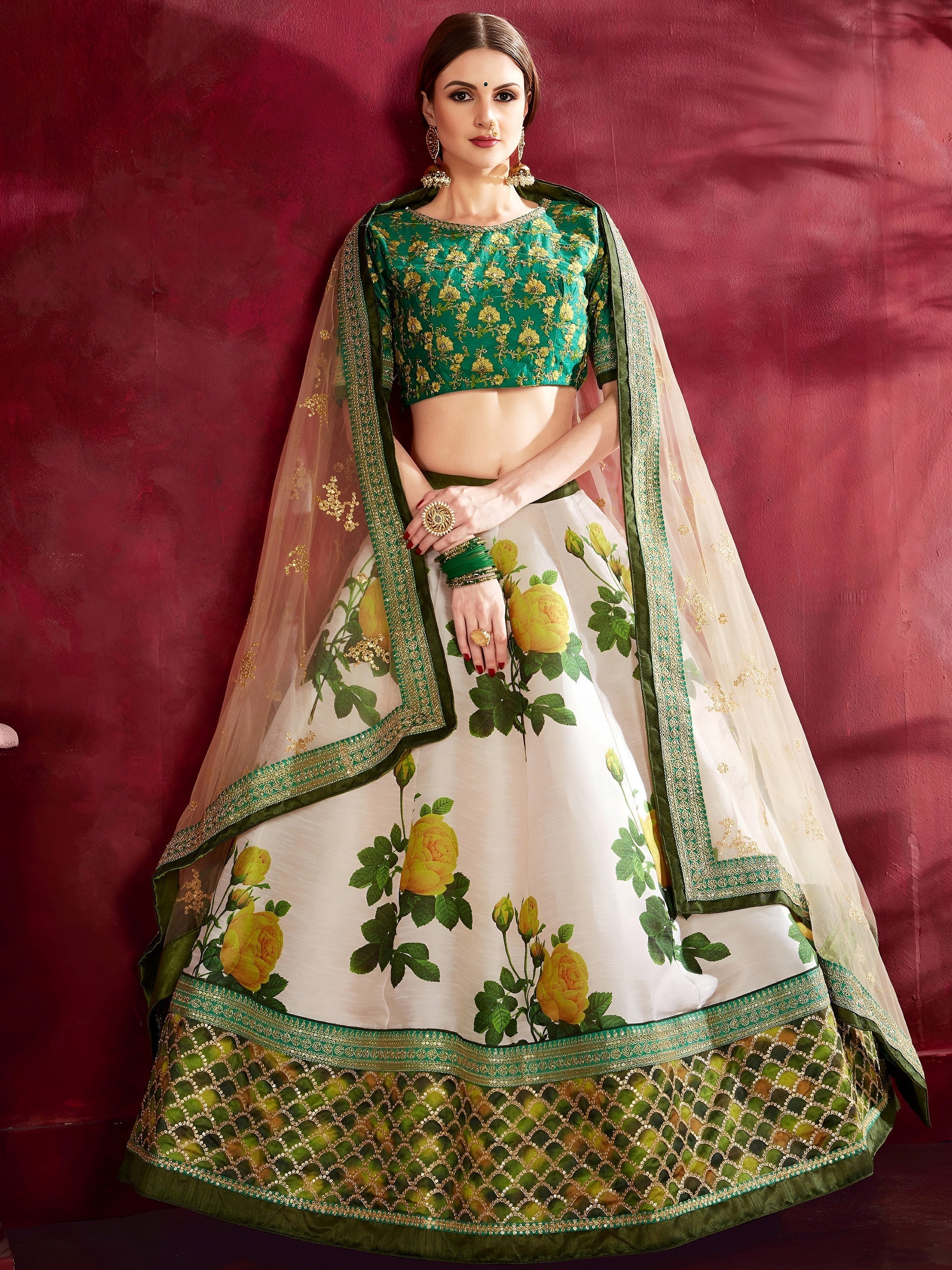 Cream-Green Floral Print Banglori Silk Bridal Lehenga Choli with Beige Dupatta