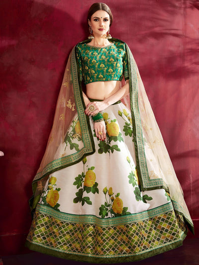 Cream-Green Floral Print Banglori Silk Bridal Lehenga Choli with Beige Dupatta