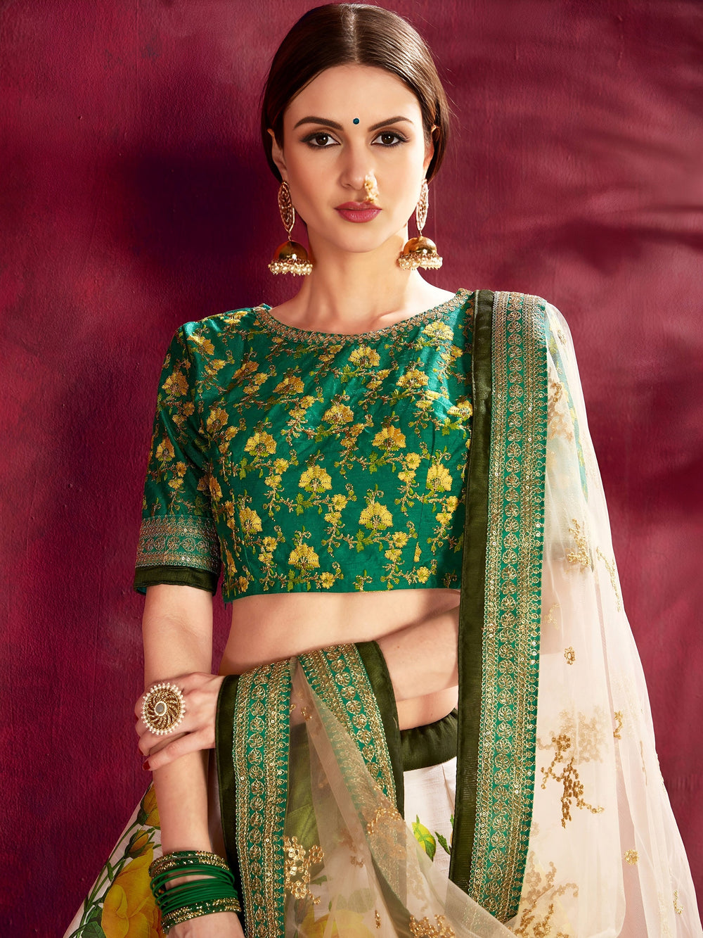 Cream-Green Floral Print Banglori Silk Bridal Lehenga Choli with Beige Dupatta