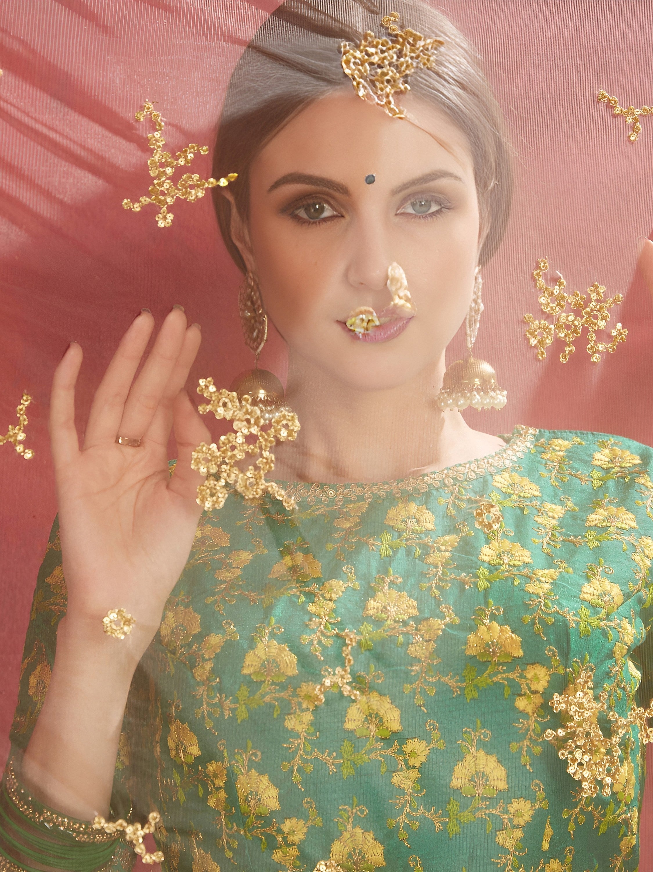 Cream-Green Floral Print Banglori Silk Bridal Lehenga Choli with Beige Dupatta