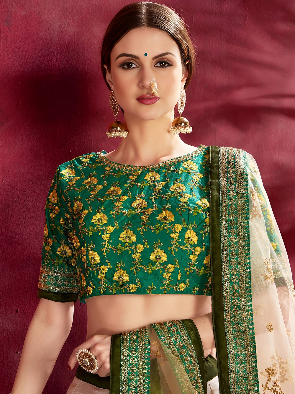Cream-Green Floral Print Banglori Silk Bridal Lehenga Choli with Beige Dupatta