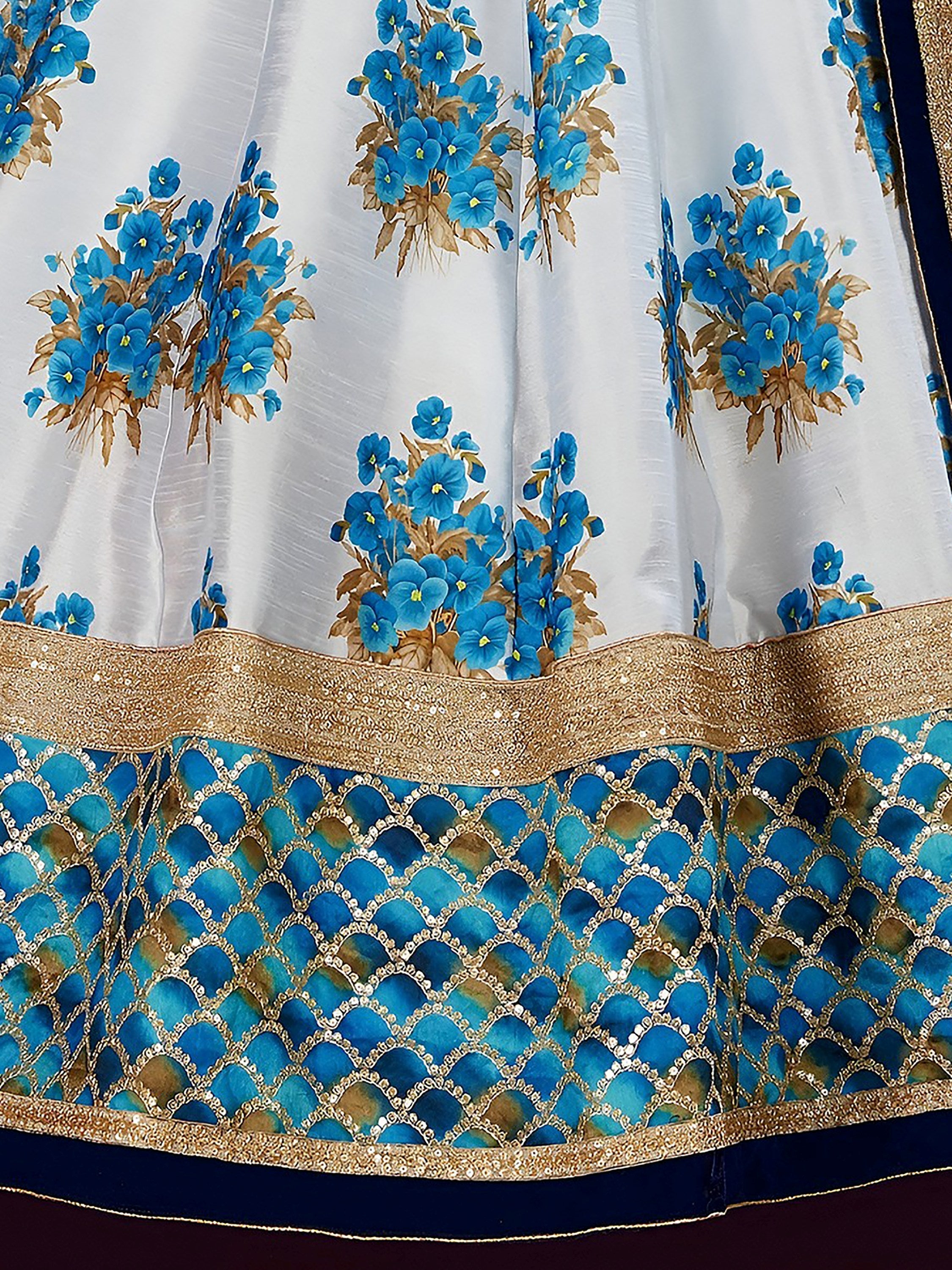 White Floral Print Banglori Silk Wedding Lehenga Choli for Women