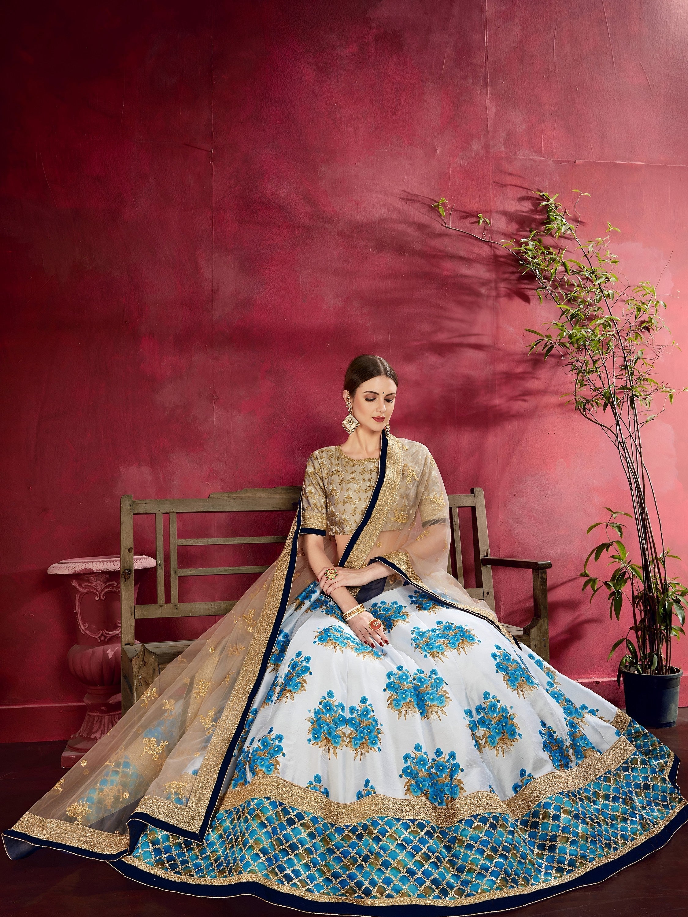 White Floral Print Banglori Silk Wedding Lehenga Choli for Women