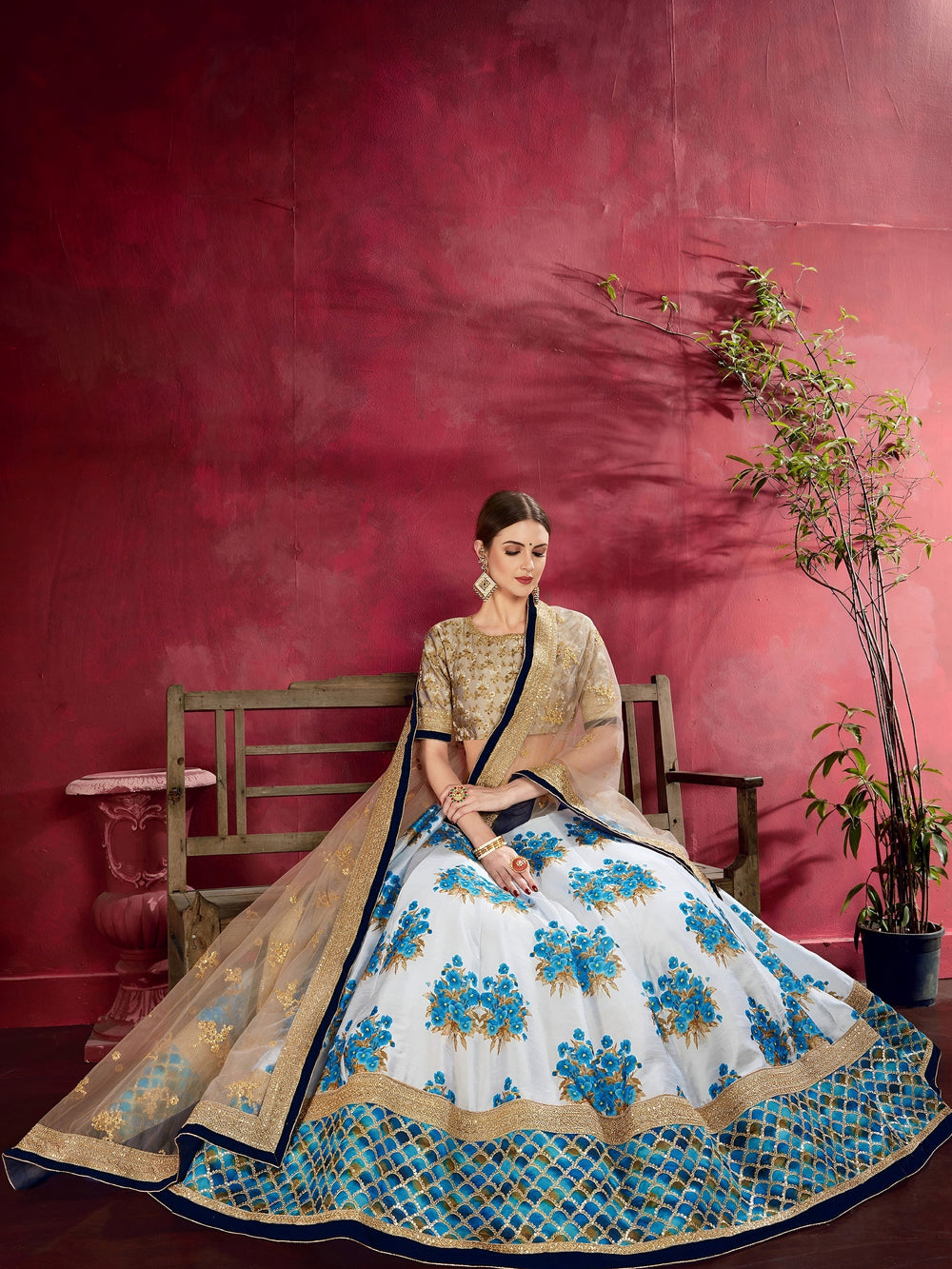 White Floral Print Banglori Silk Wedding Lehenga Choli for Women