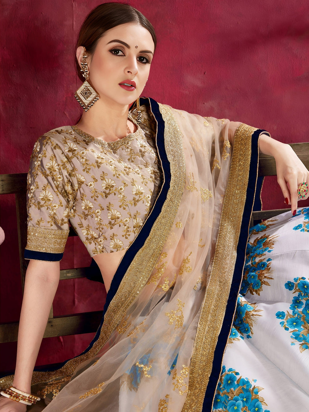 White Floral Print Banglori Silk Wedding Lehenga Choli for Women