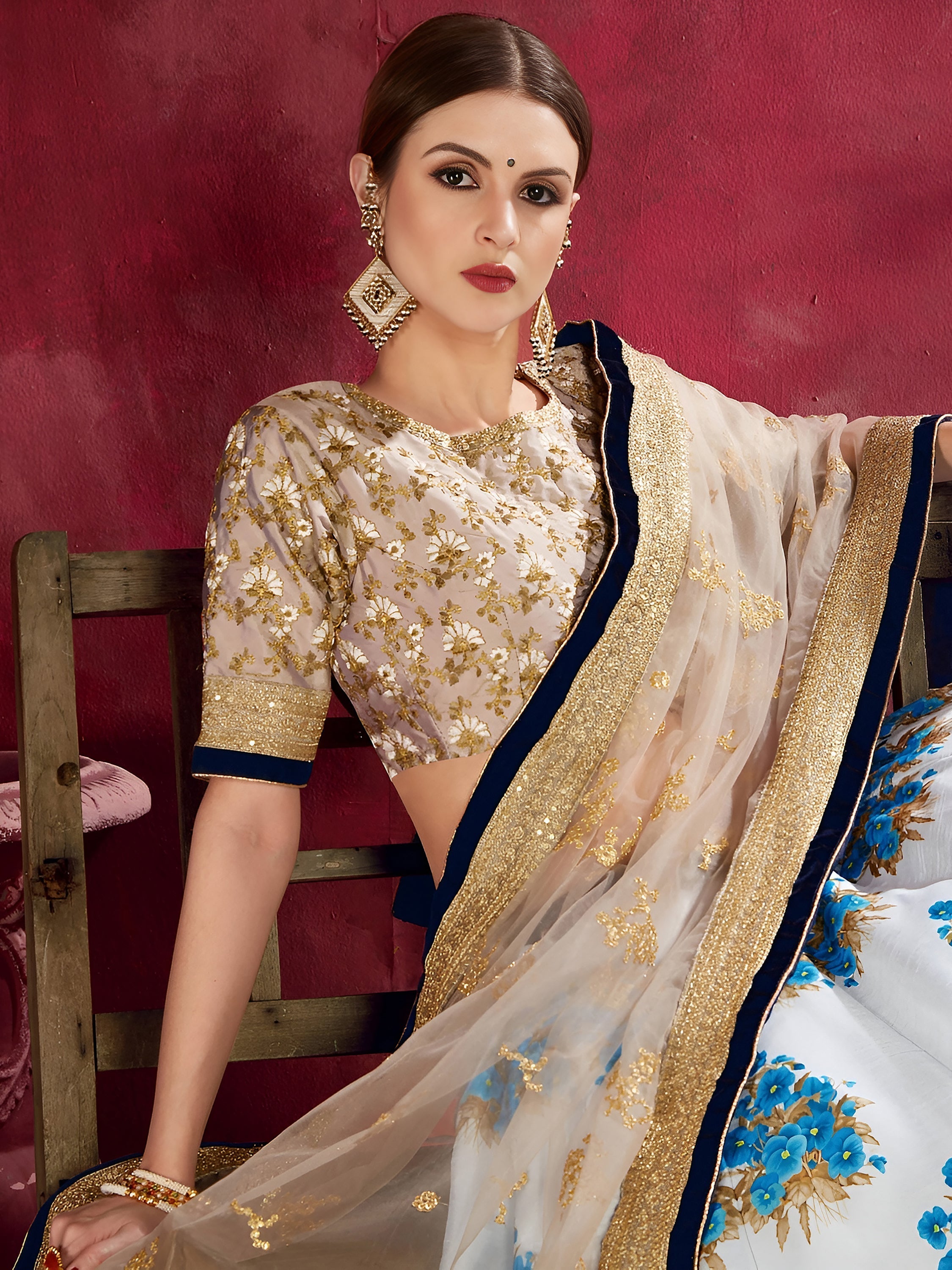 White Floral Print Banglori Silk Wedding Lehenga Choli for Women