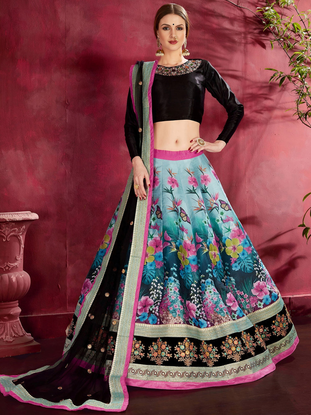 Blue Floral Printed Banglori Silk Bridal Lehenga Choli with Black Choli