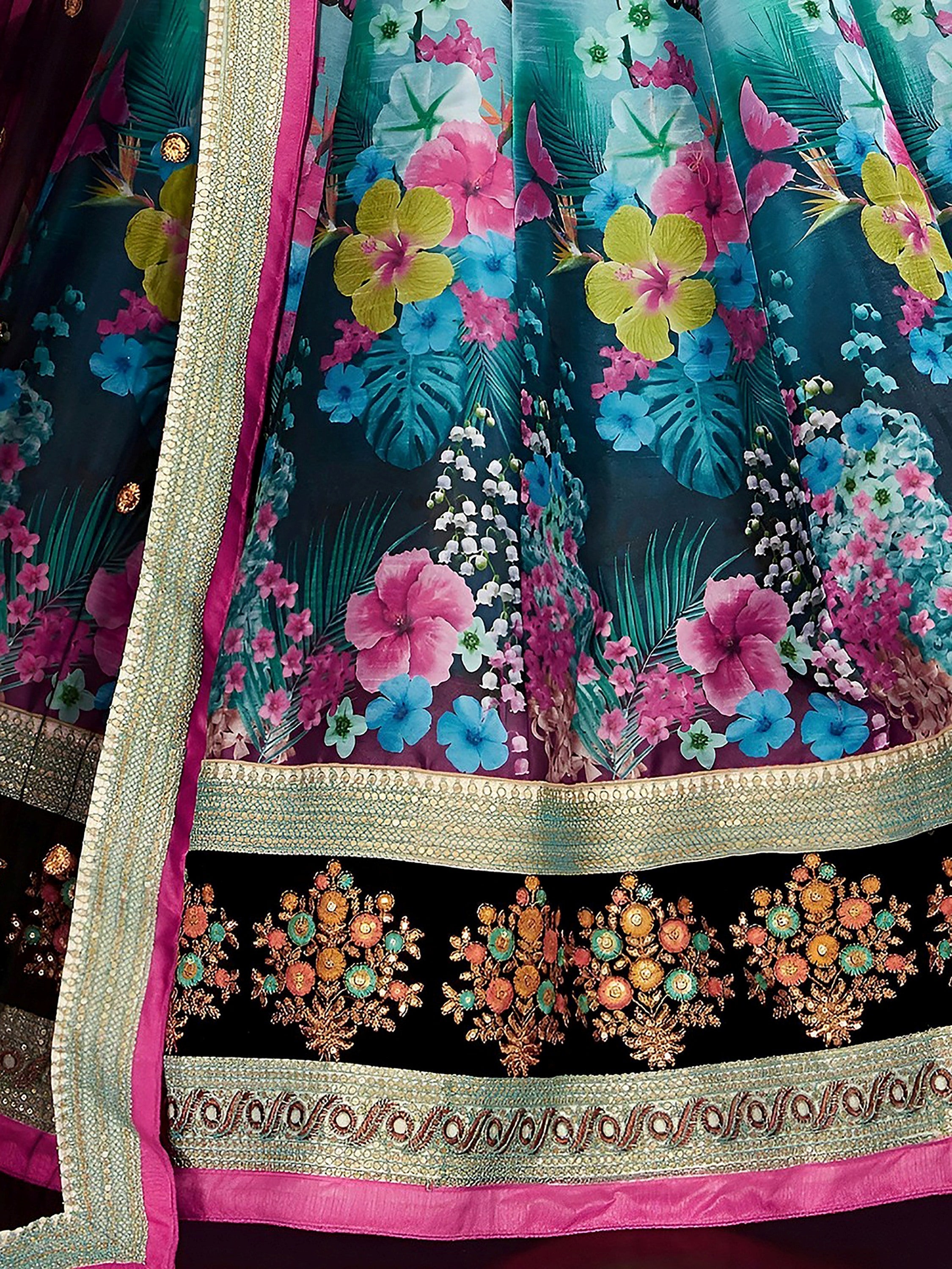 Blue Floral Printed Banglori Silk Bridal Lehenga Choli with Black Choli