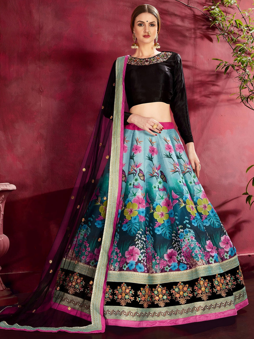 Blue Floral Printed Banglori Silk Bridal Lehenga Choli with Black Choli