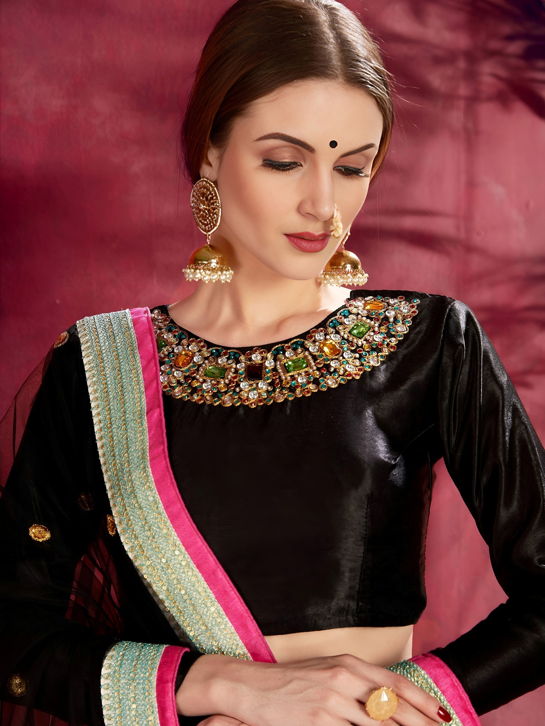 Blue Floral Printed Banglori Silk Bridal Lehenga Choli with Black Choli