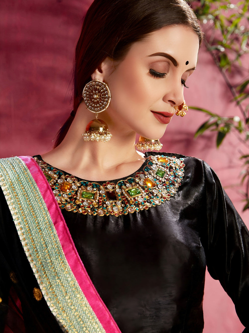Blue Floral Printed Banglori Silk Bridal Lehenga Choli with Black Choli