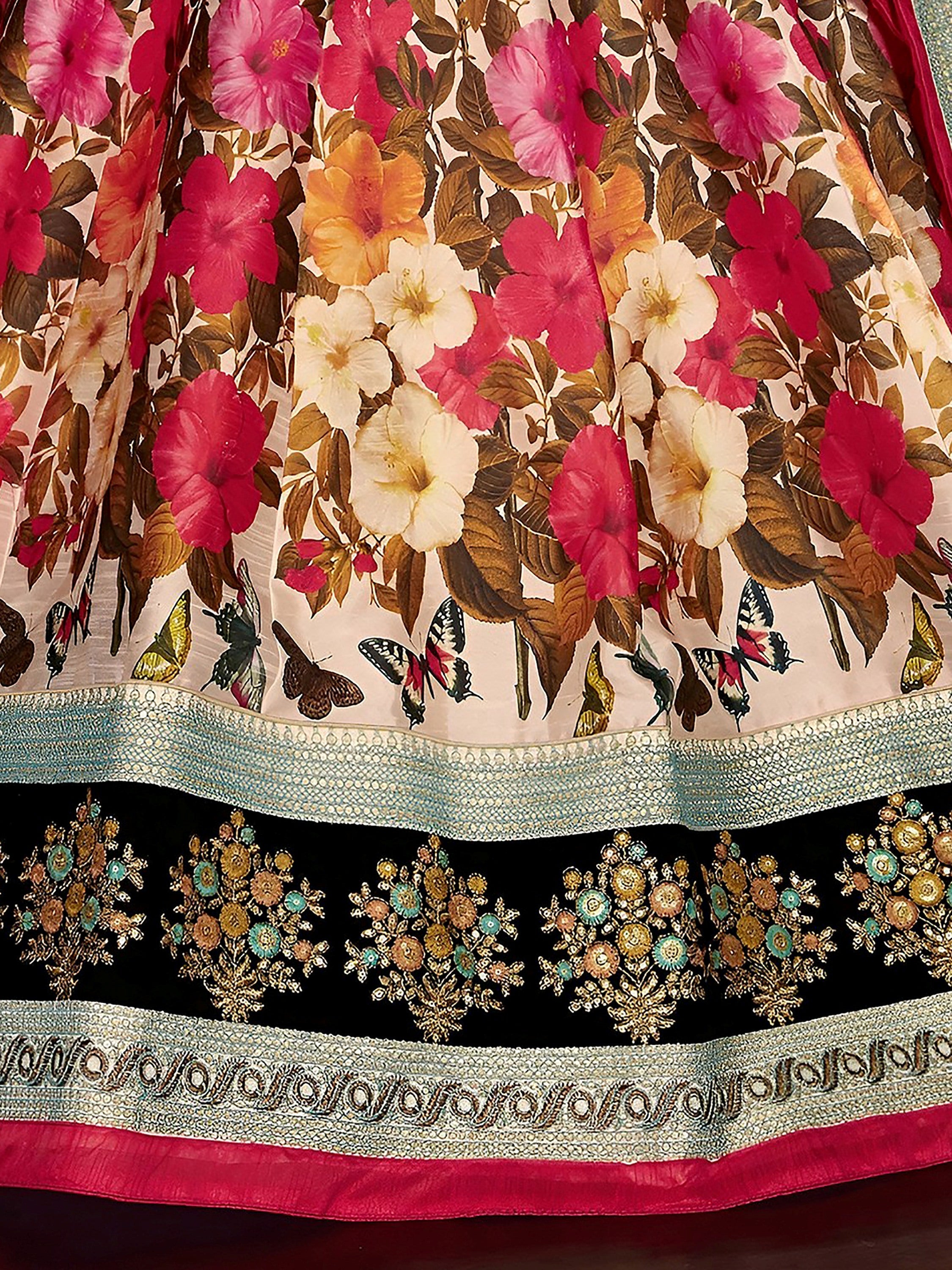 Multi Floral Printed Banglory Silk Bridal Lehenga Choli Black Choli and Dupatta
