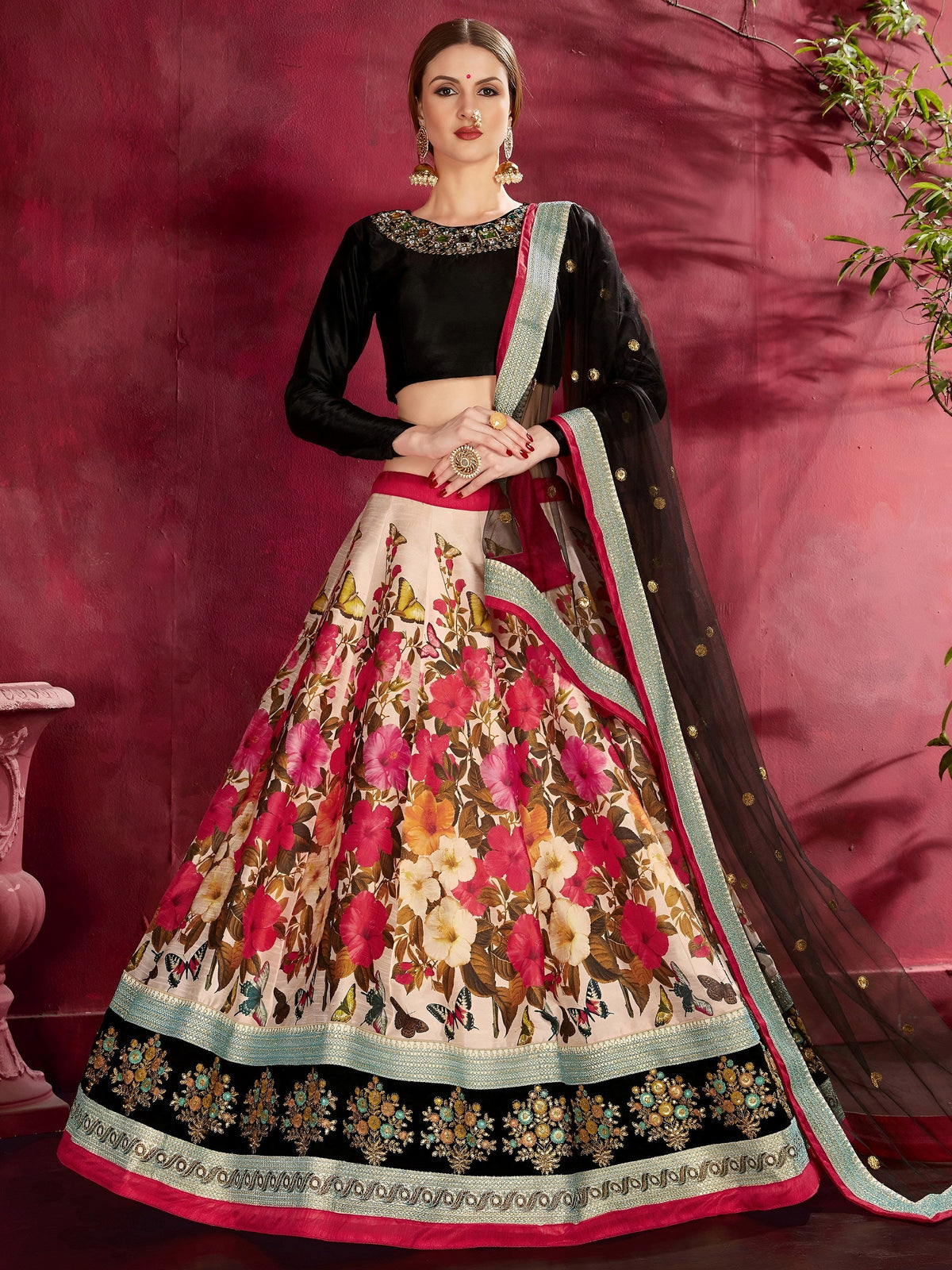 Multi Floral Printed Banglory Silk Bridal Lehenga Choli Black Choli and Dupatta