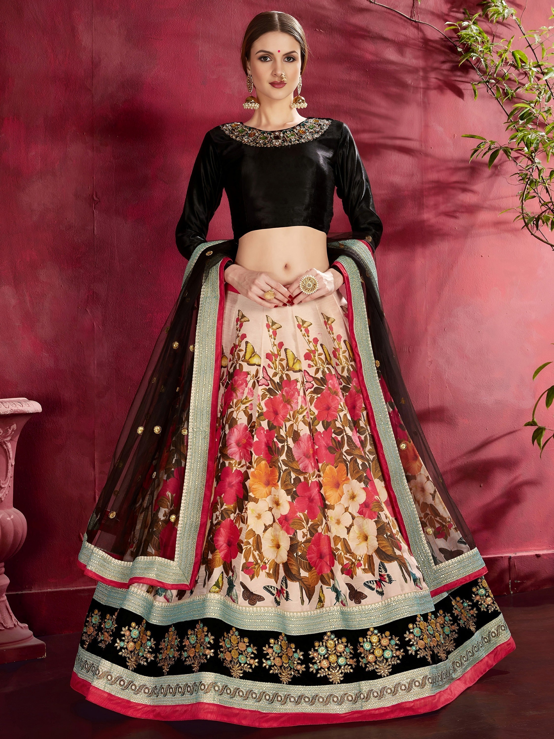 Multi Floral Printed Banglory Silk Bridal Lehenga Choli Black Choli and Dupatta