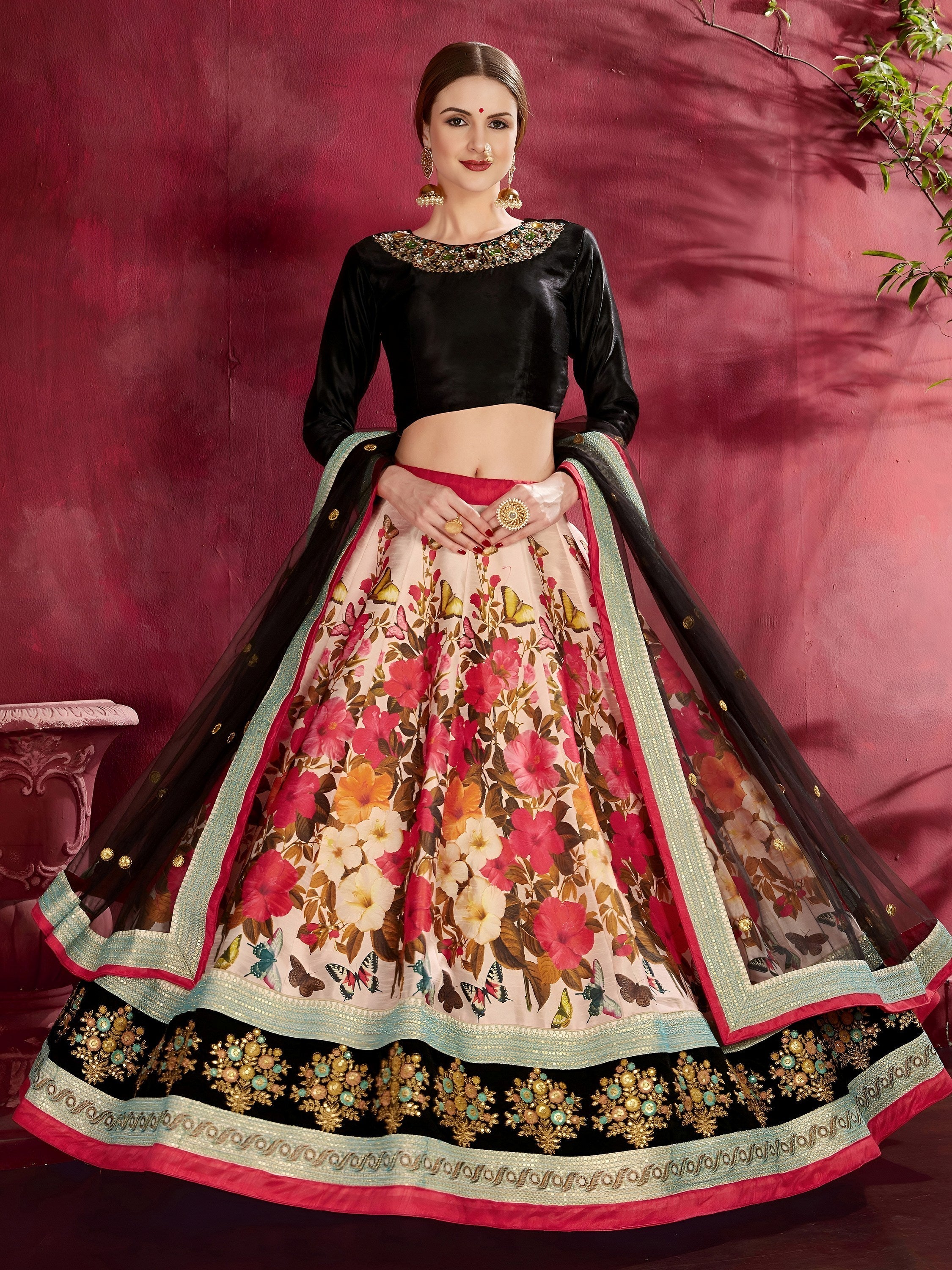 Multi Floral Printed Banglory Silk Bridal Lehenga Choli Black Choli and Dupatta