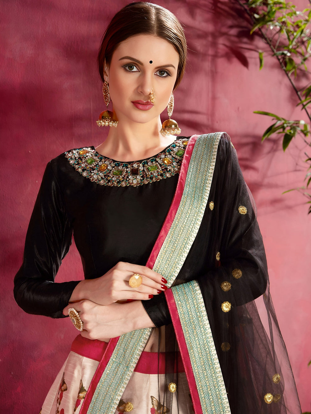 Multi Floral Printed Banglory Silk Bridal Lehenga Choli Black Choli and Dupatta