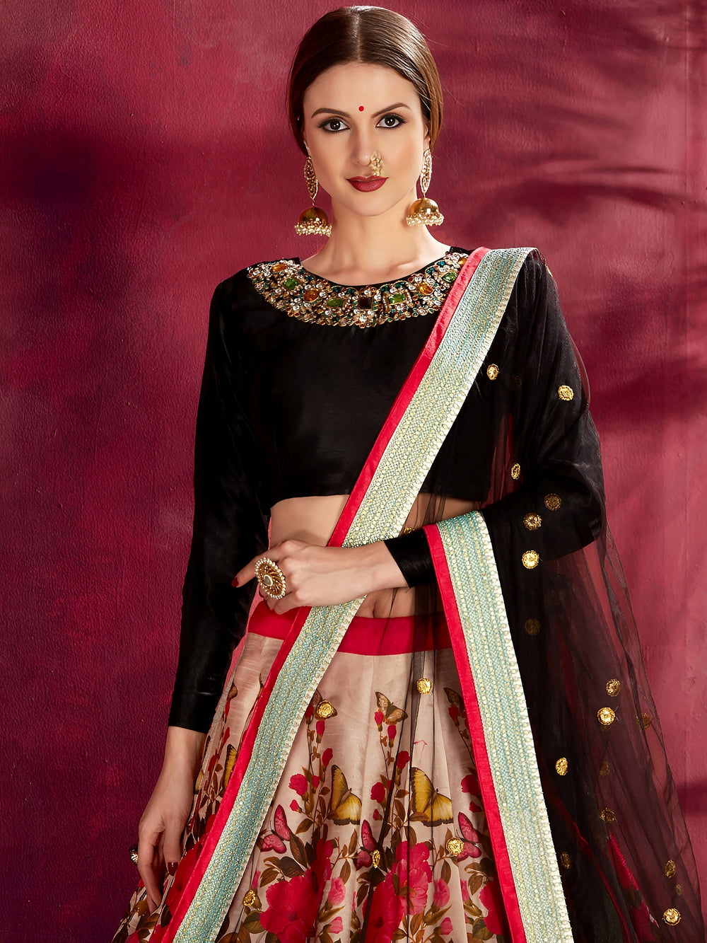 Multi Floral Printed Banglory Silk Bridal Lehenga Choli Black Choli and Dupatta