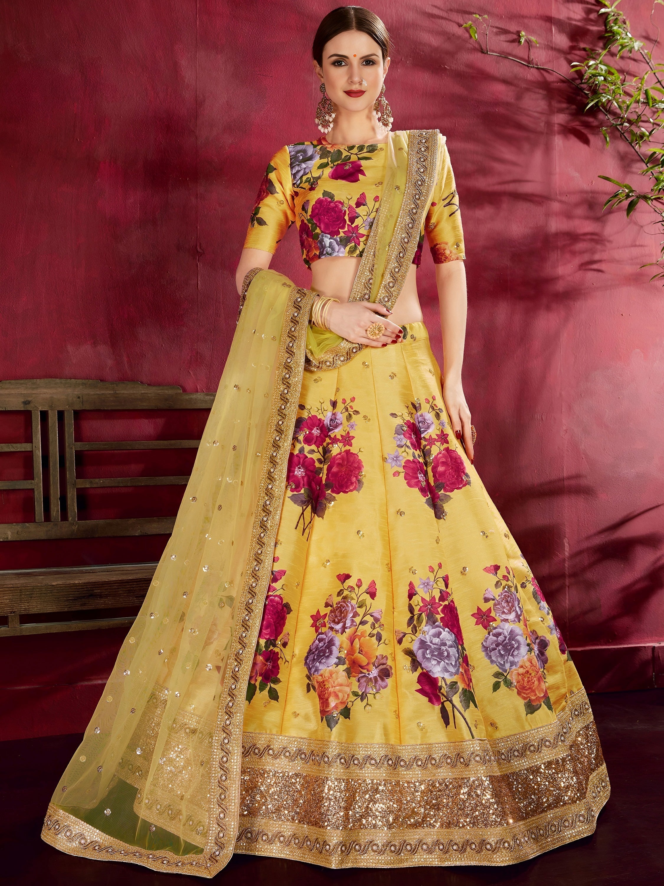 Yellow Floral Printed Banglori Silk Bridal Lehenga Choli with Dupatta