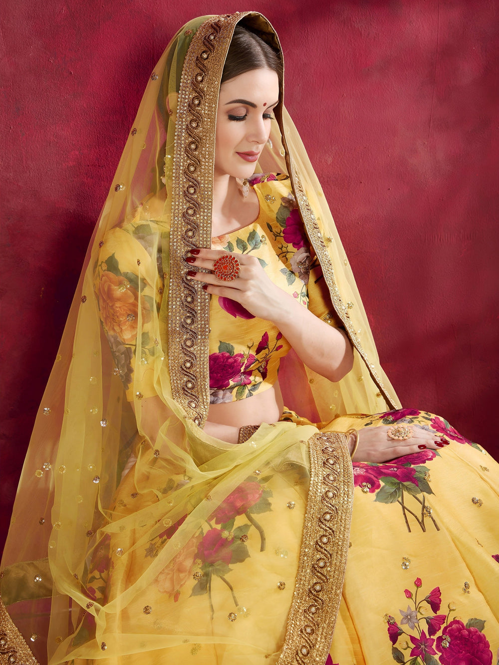 Yellow Floral Printed Banglori Silk Bridal Lehenga Choli with Dupatta