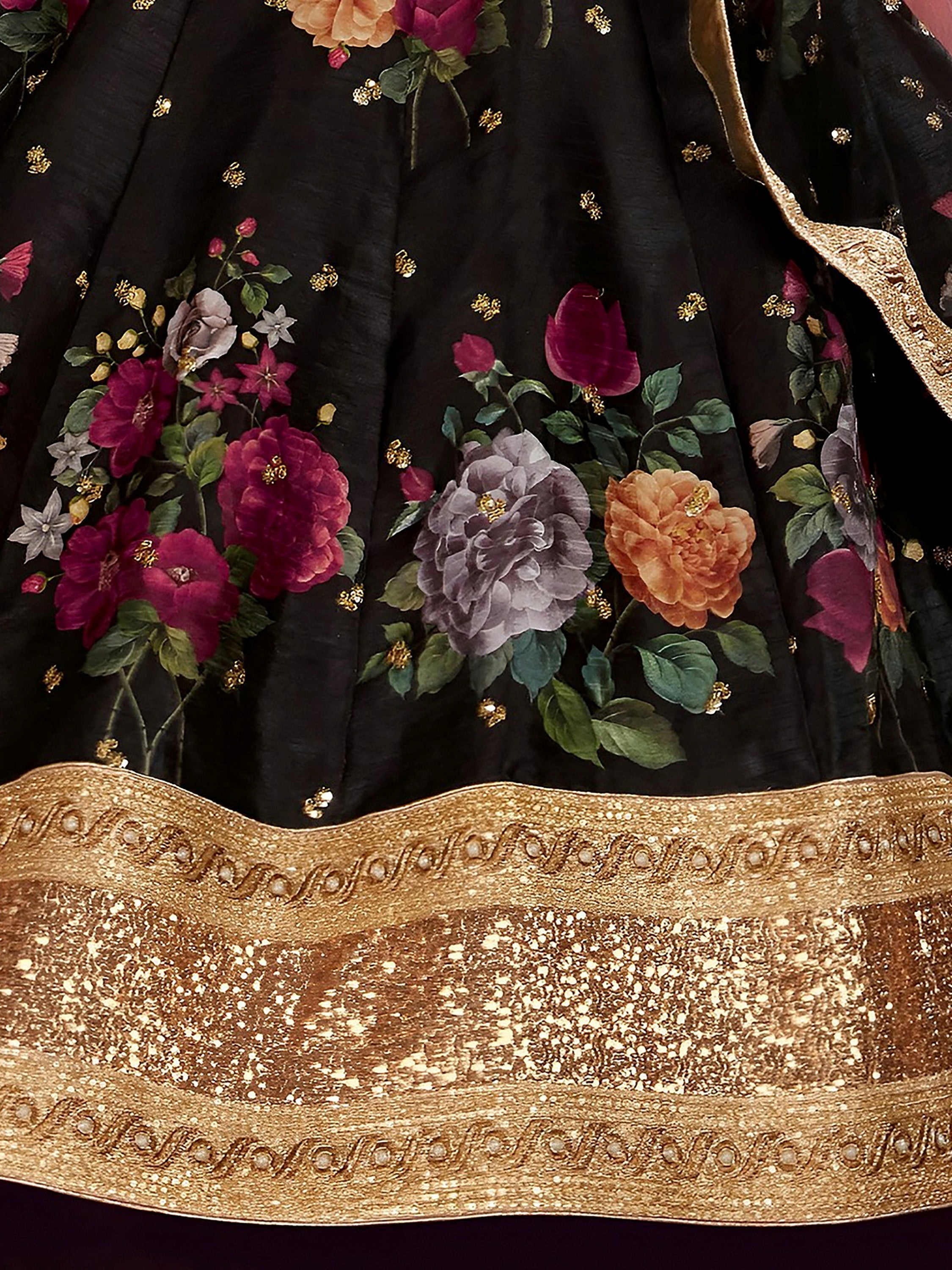 Black Floral Printed Banglori Silk Bridal Lehenga Choli with Dupatta