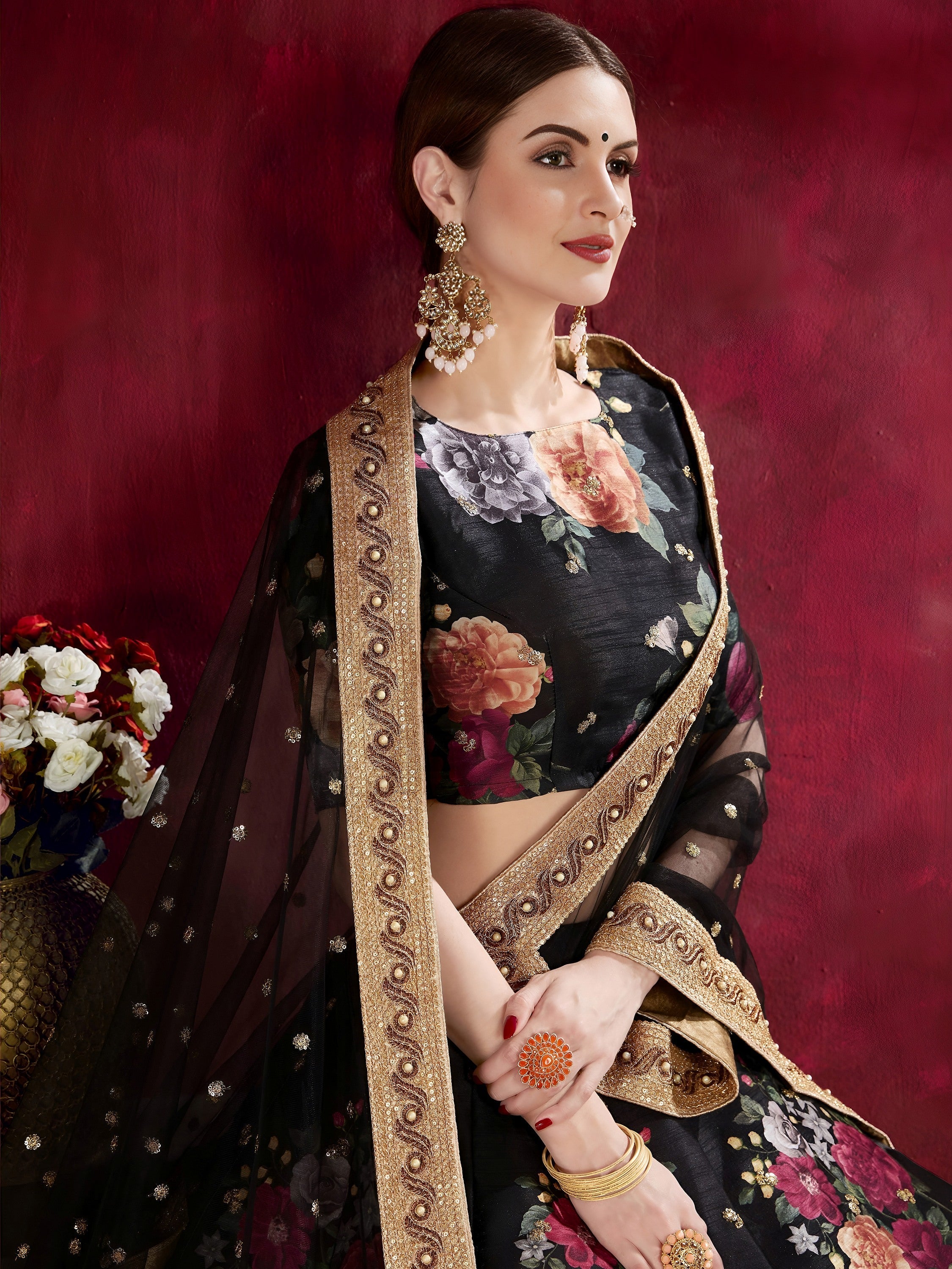 Black Floral Printed Banglori Silk Bridal Lehenga Choli with Dupatta