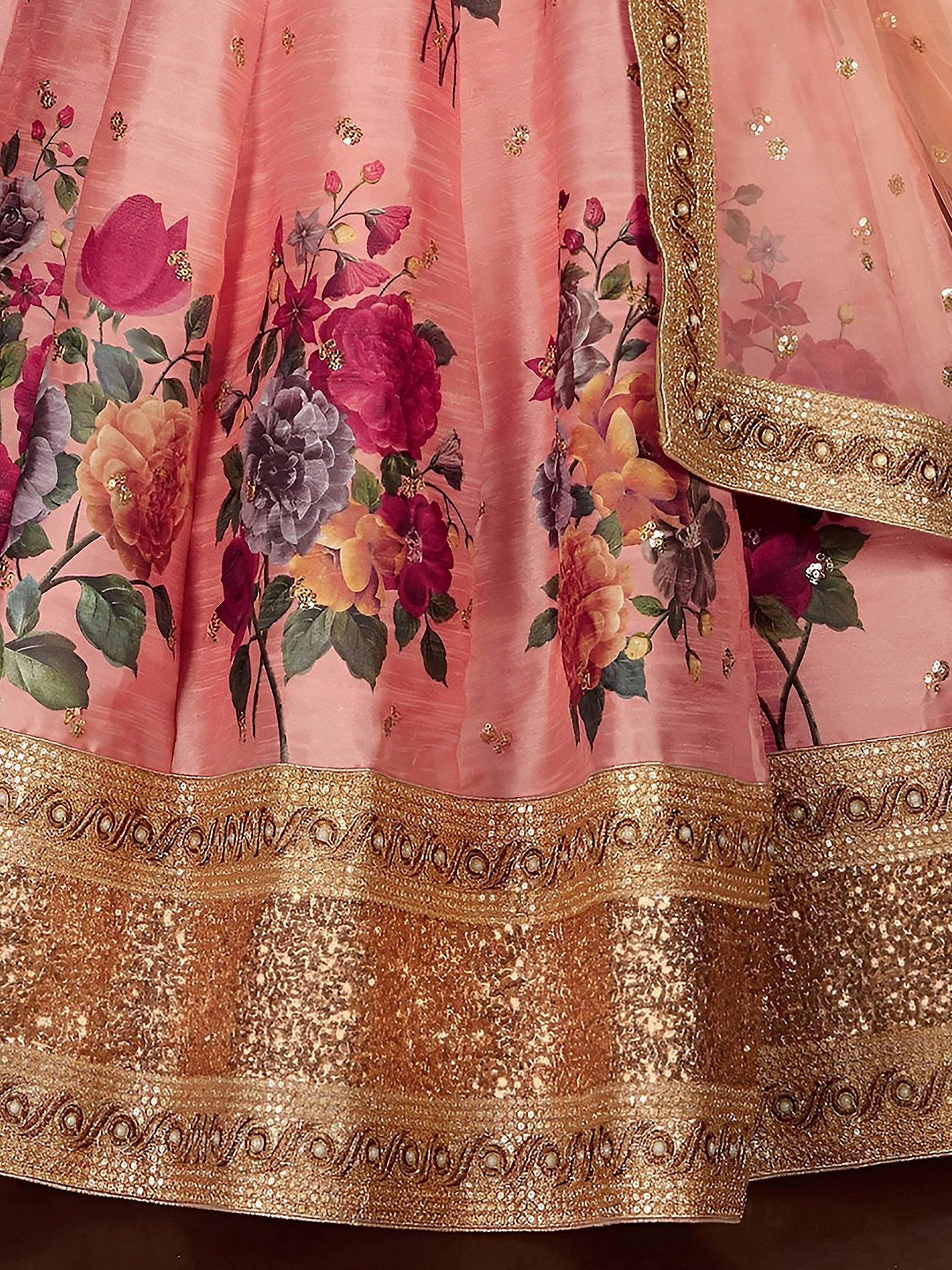 Peach Floral Printed Banglori Silk Bridal Lehenga Choli with Dupatta