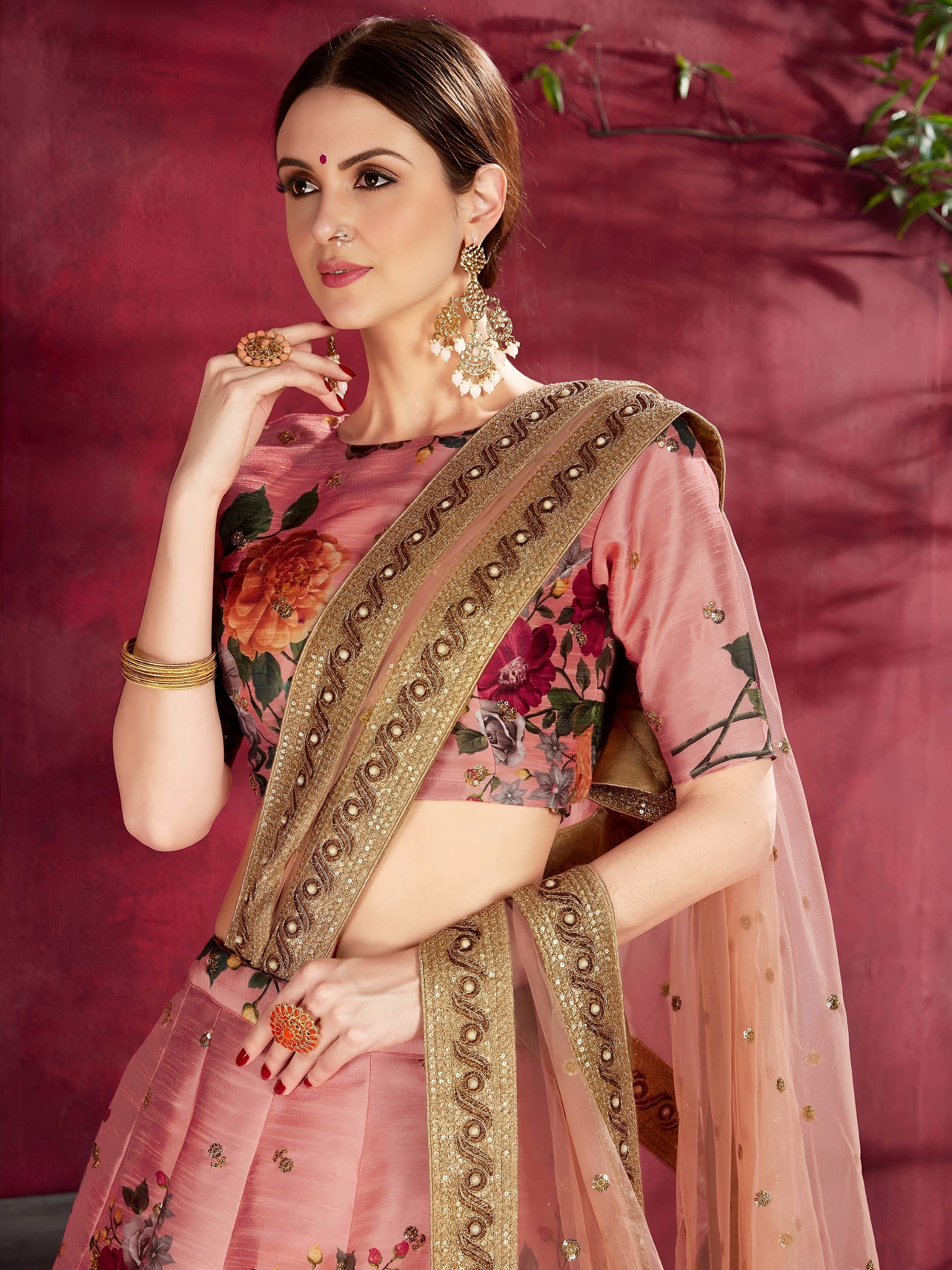 Peach Floral Printed Banglori Silk Bridal Lehenga Choli with Dupatta