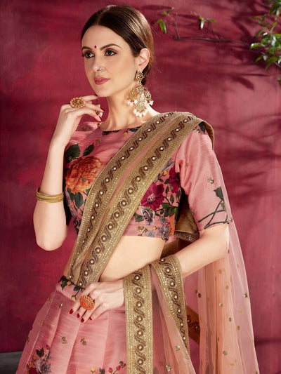 Peach Floral Printed Banglori Silk Bridal Lehenga Choli with Dupatta