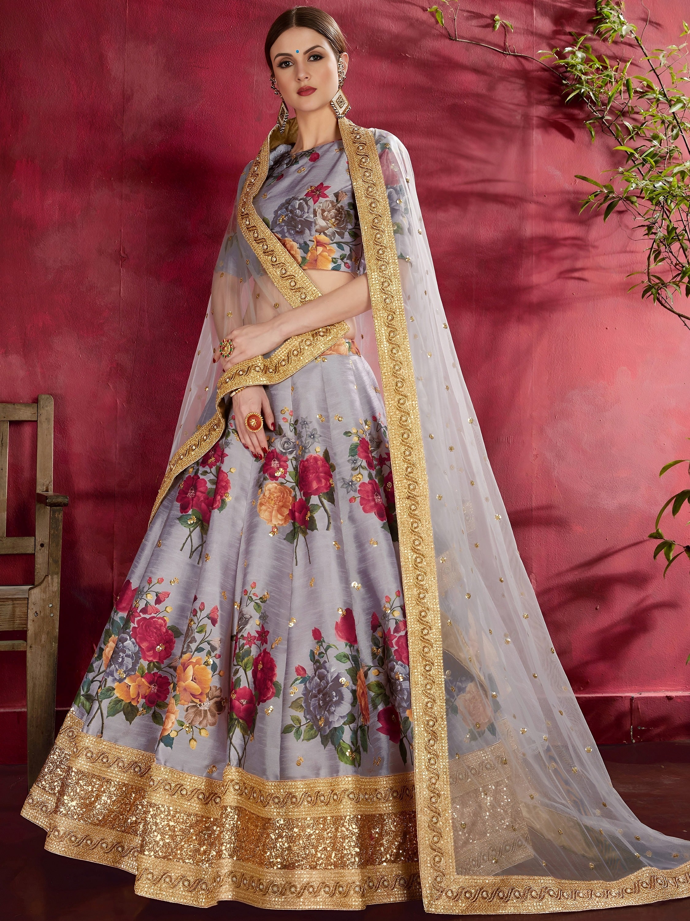Grey Floral Printed Banglori Silk Bridal Lehenga Choli with Dupatta