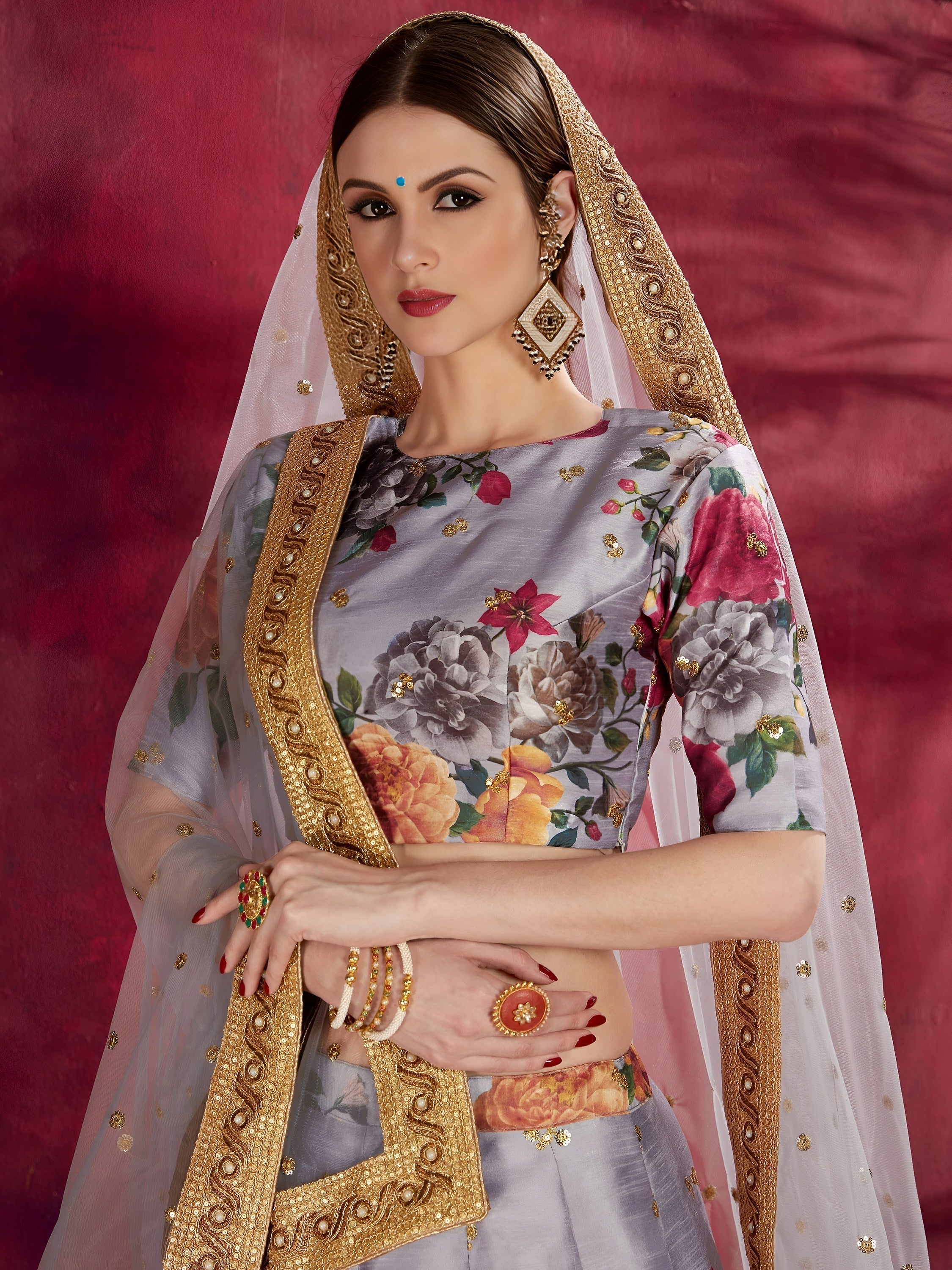 Grey Floral Printed Banglori Silk Bridal Lehenga Choli with Dupatta