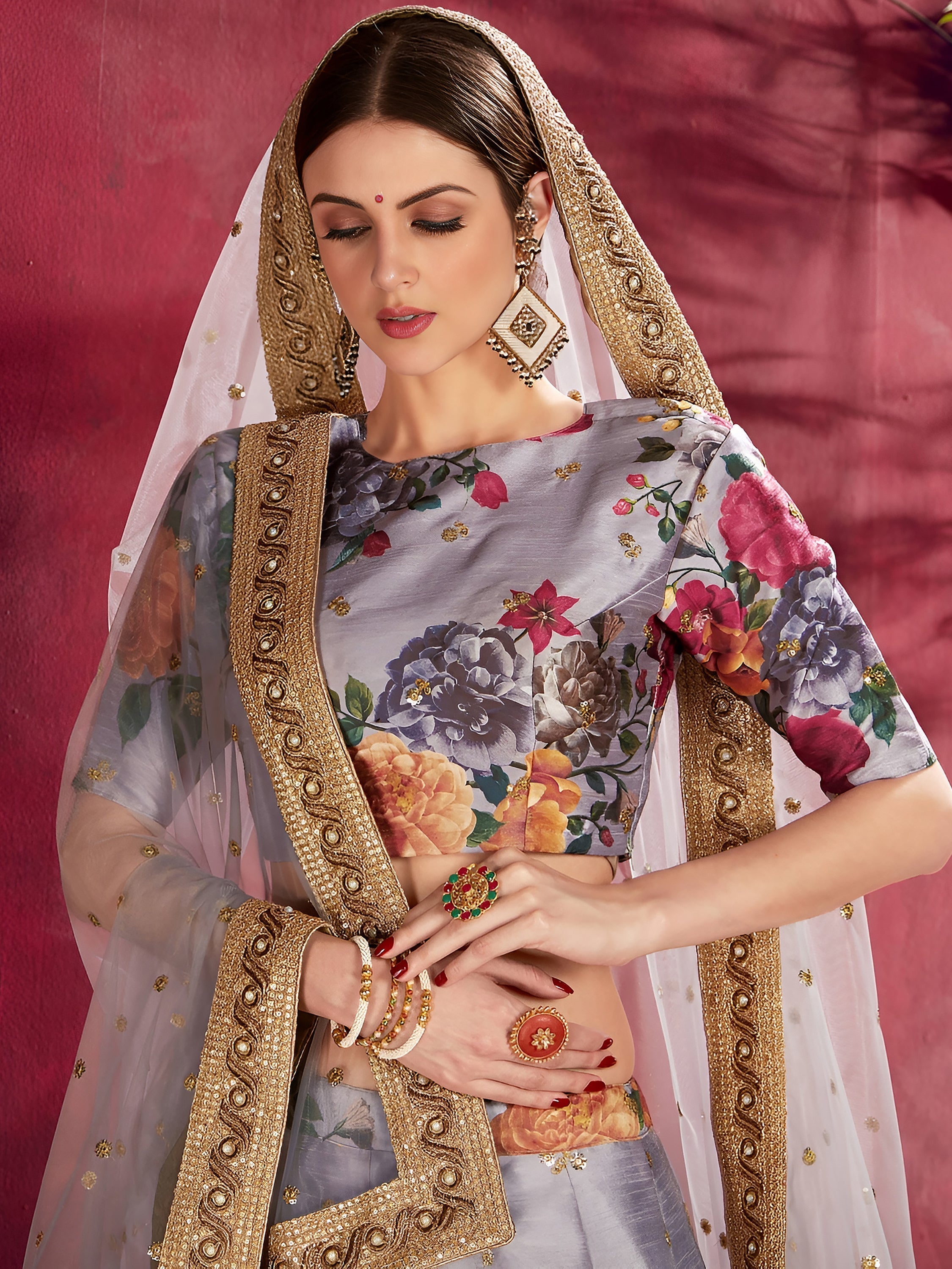 Grey Floral Printed Banglori Silk Bridal Lehenga Choli with Dupatta