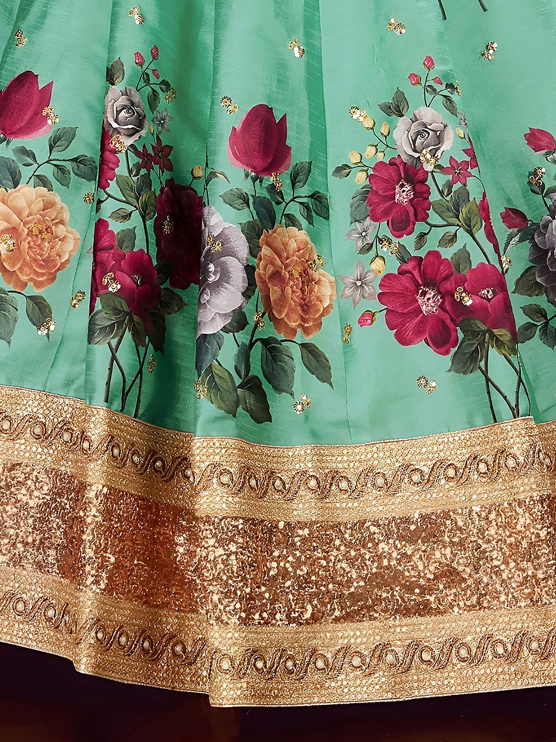 Green Floral Printed Banglori Silk Bridal Lehenga Choli with Dupatta