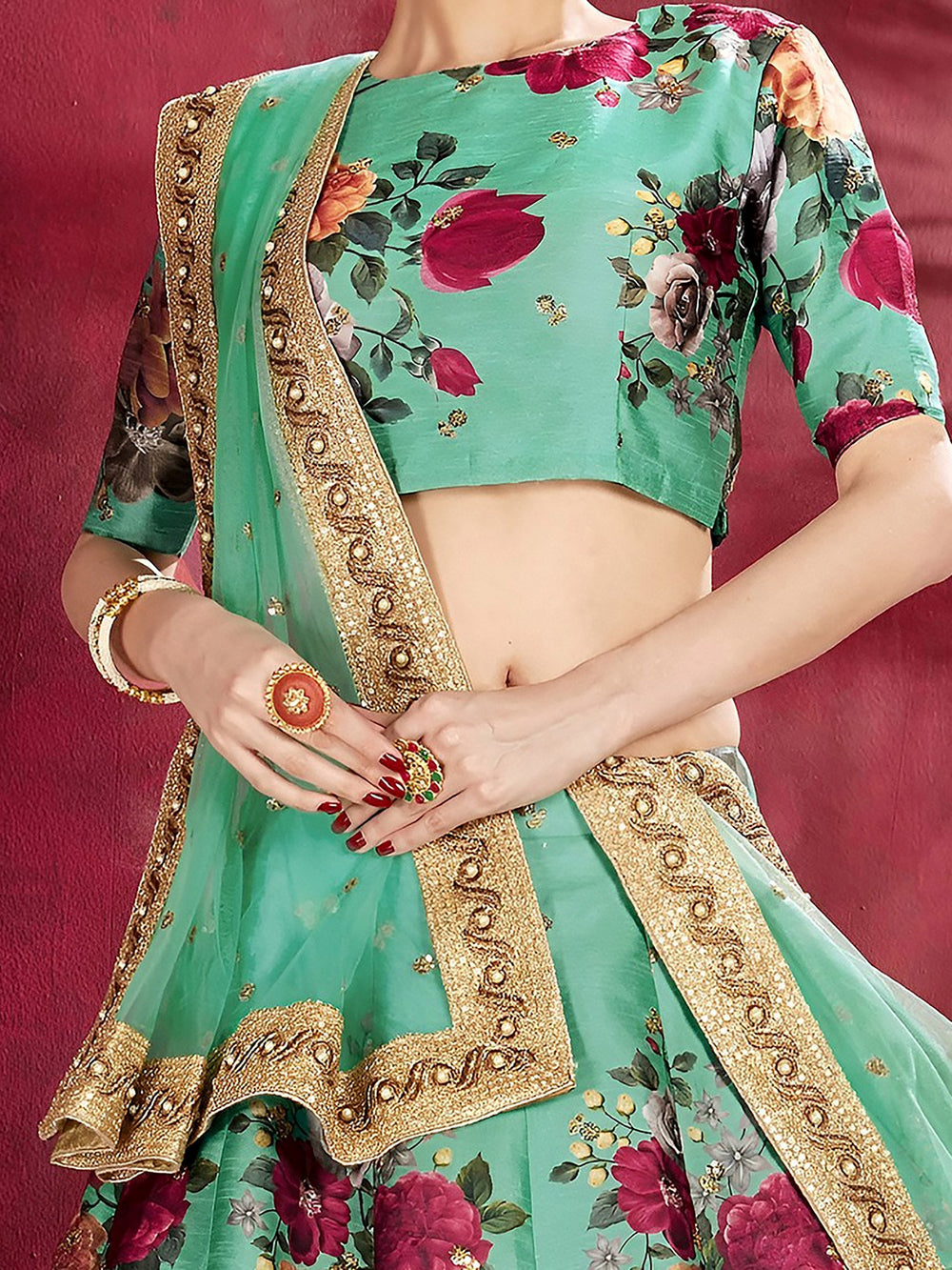 Green Floral Printed Banglori Silk Bridal Lehenga Choli with Dupatta