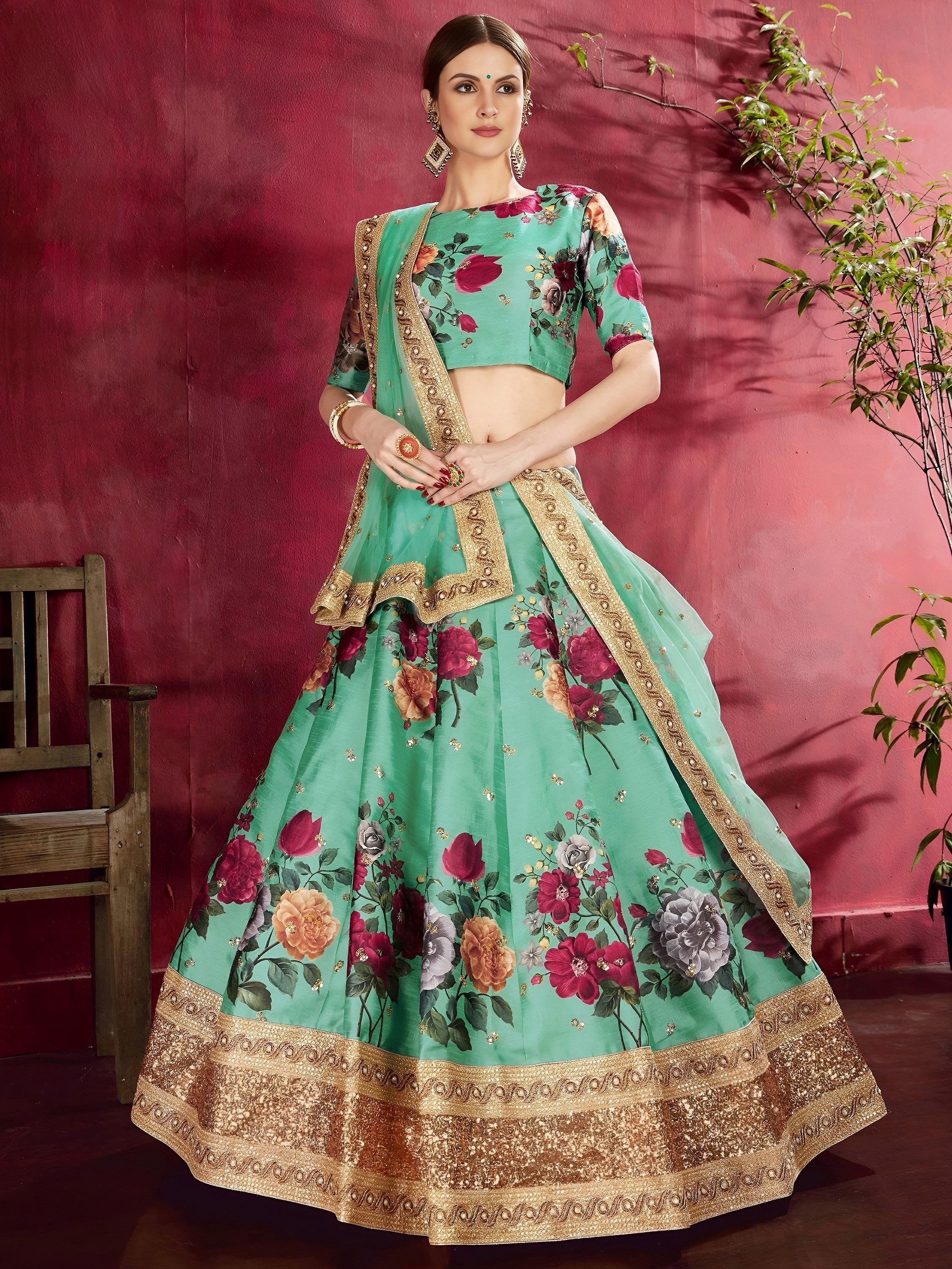 Green Floral Printed Banglori Silk Bridal Lehenga Choli with Dupatta
