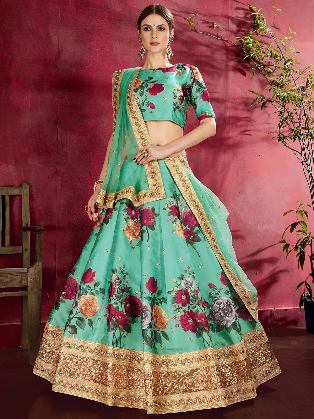 Green Floral Printed Banglori Silk Bridal Lehenga Choli with Dupatta