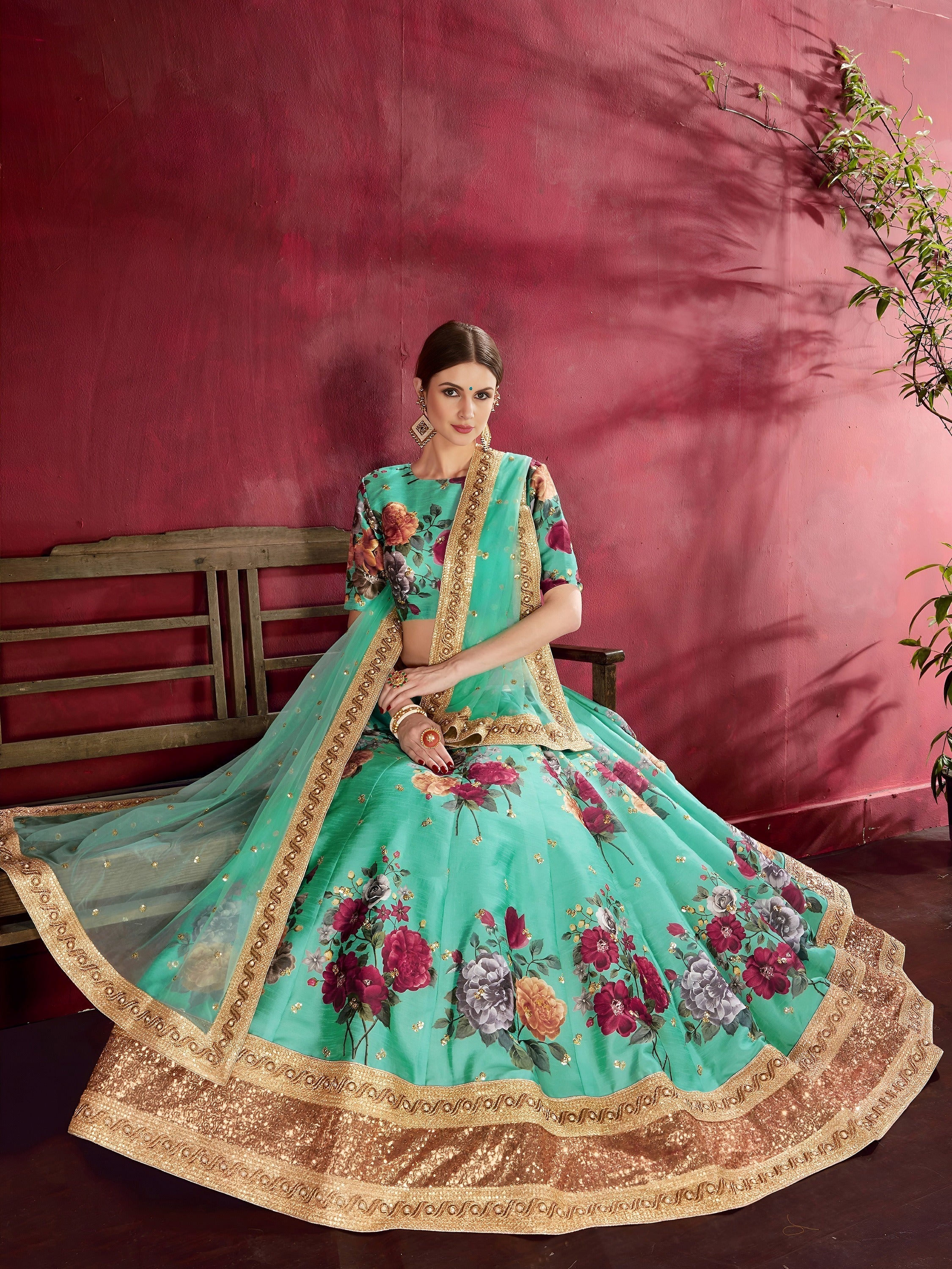 Green Floral Printed Banglori Silk Bridal Lehenga Choli with Dupatta