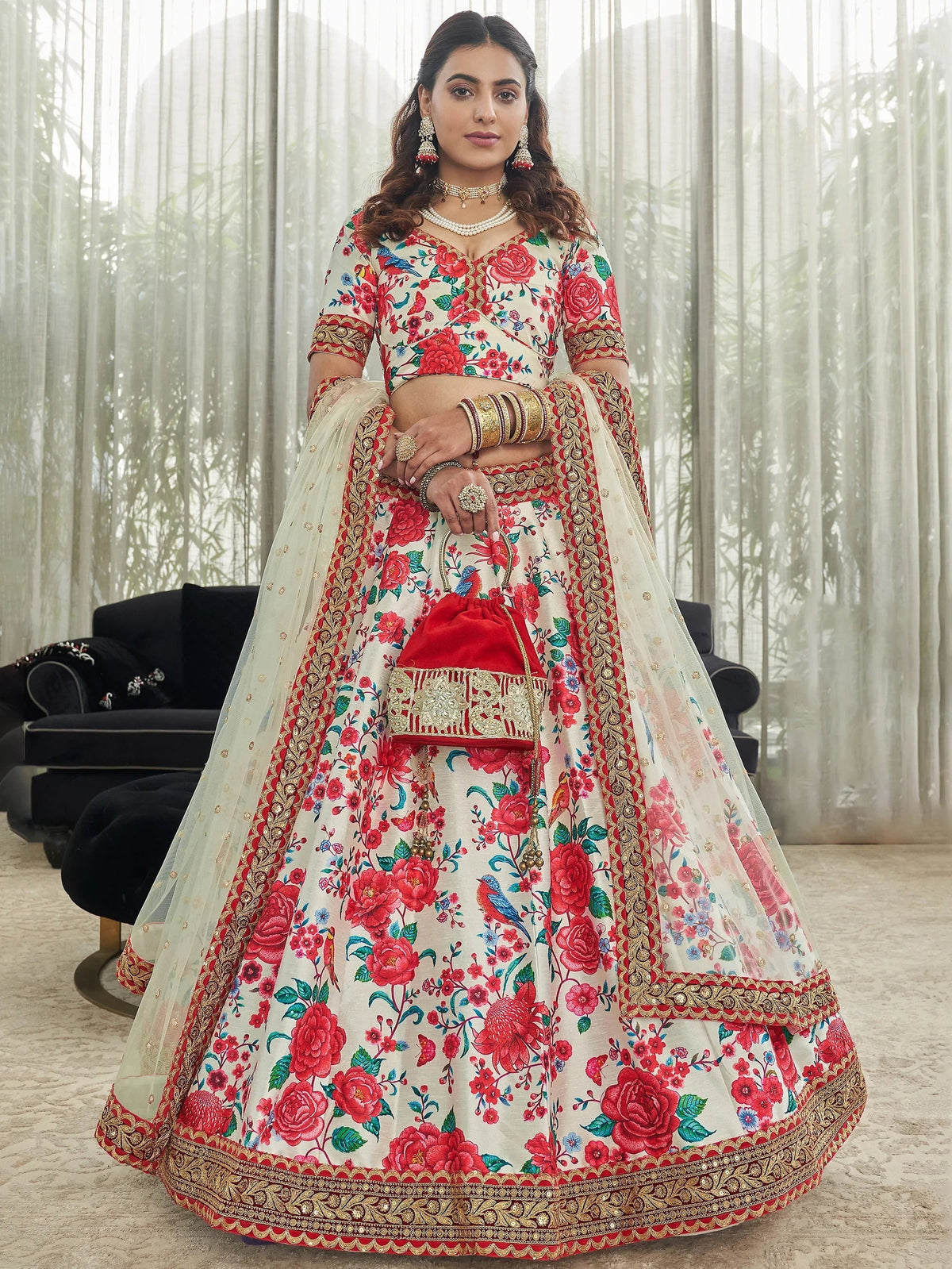 Art silk lehenga choli with floral print and sequins work for wedding occasions - White Floral Printed Art Silk Event Wear Lehenga Choli