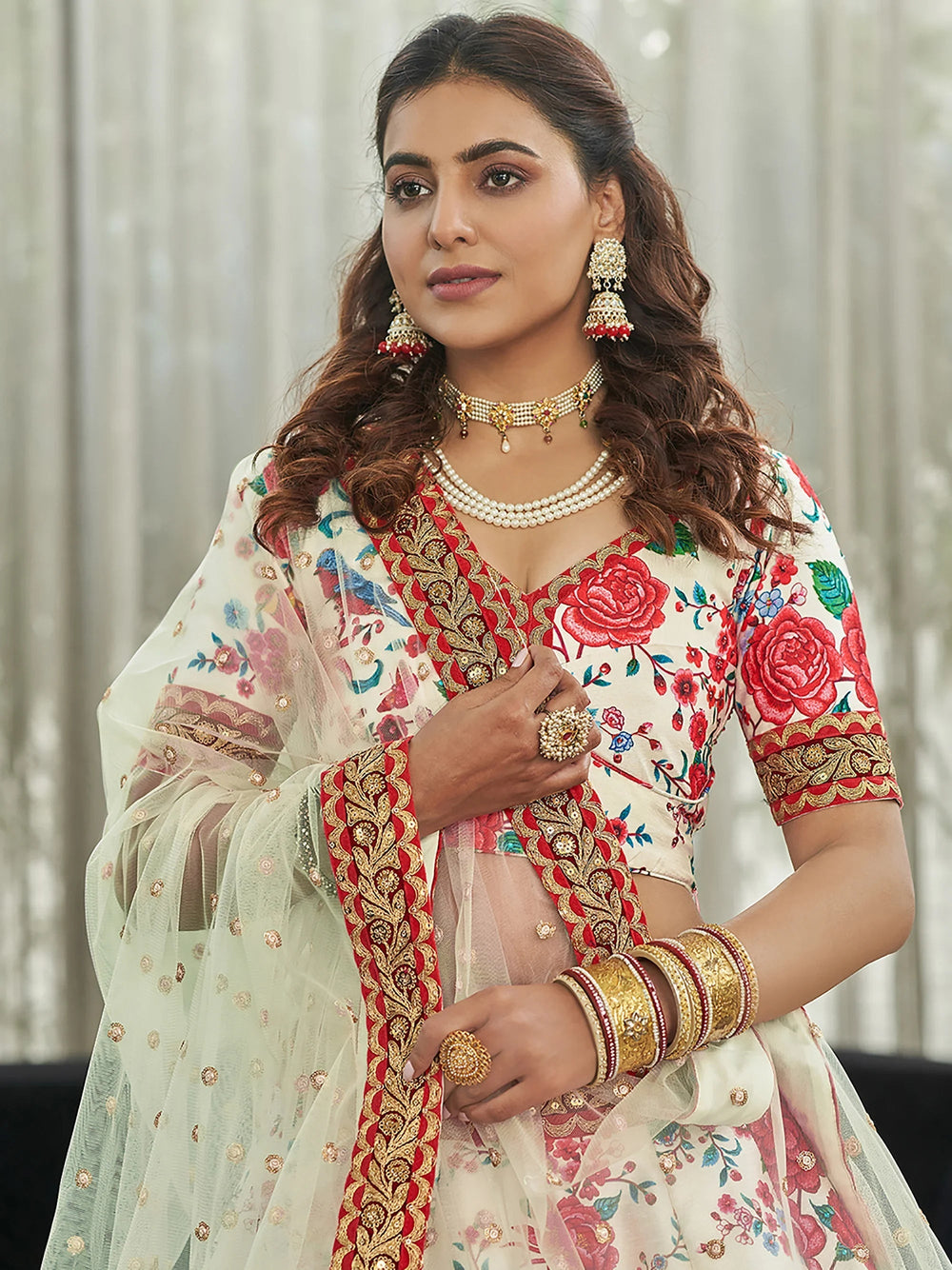 Art silk lehenga choli with floral print and sequins work for wedding occasions - White Floral Printed Art Silk Event Wear Lehenga Choli