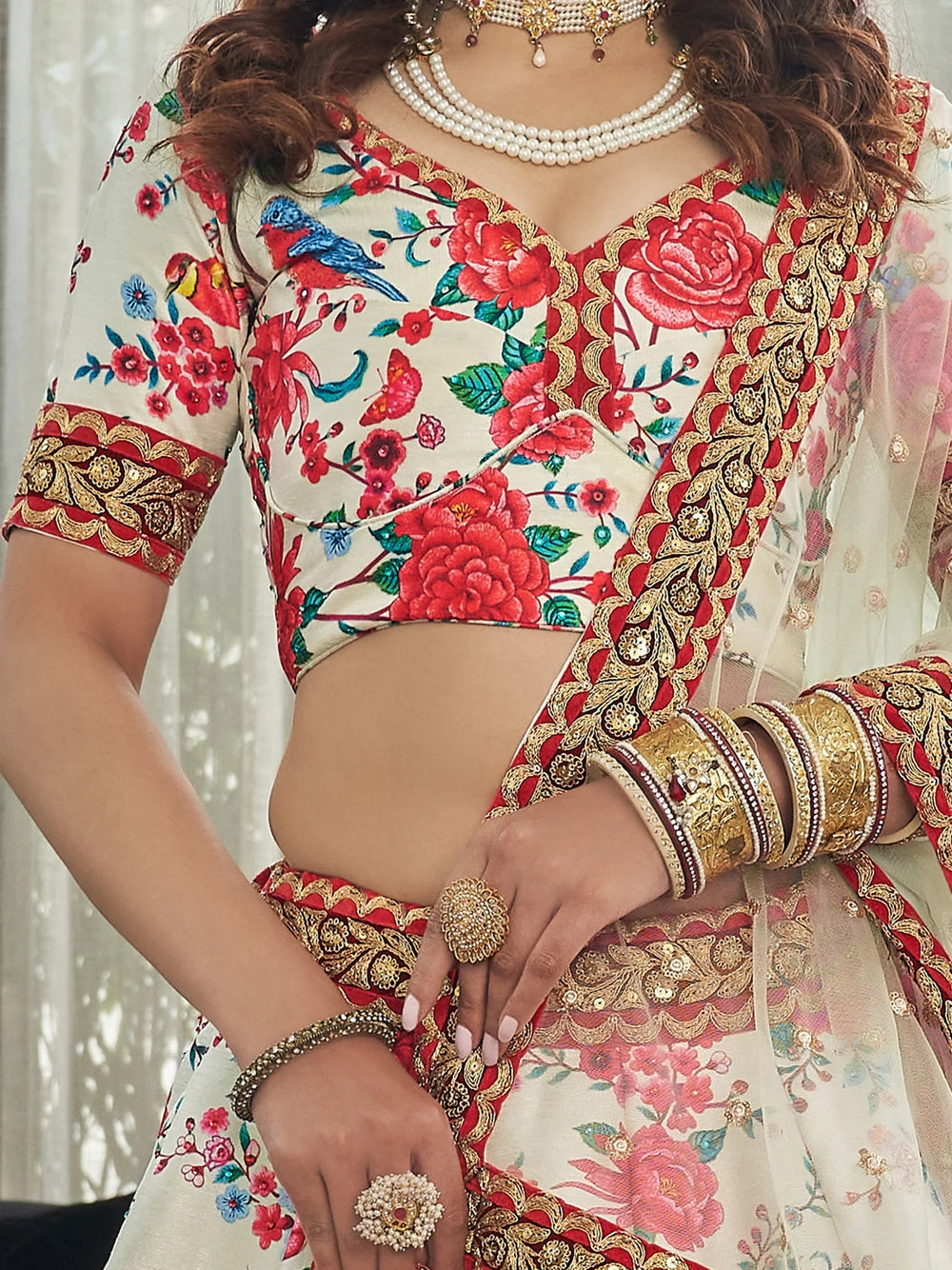 Art silk lehenga choli with floral print and sequins work for wedding occasions - White Floral Printed Art Silk Event Wear Lehenga Choli