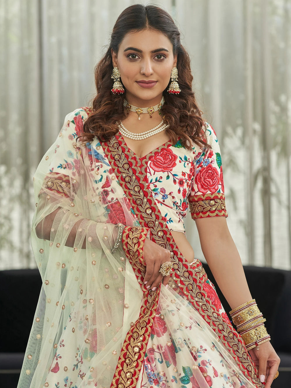 Art silk lehenga choli with floral print and sequins work for wedding occasions - White Floral Printed Art Silk Event Wear Lehenga Choli