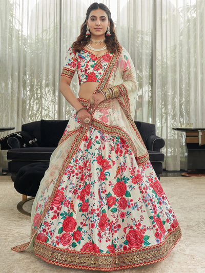 Art silk lehenga choli with floral print and sequins work for wedding occasions - White Floral Printed Art Silk Event Wear Lehenga Choli
