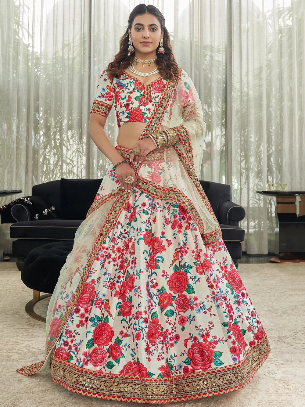 Art silk lehenga choli with floral print and sequins work for wedding occasions - White Floral Printed Art Silk Event Wear Lehenga Choli
